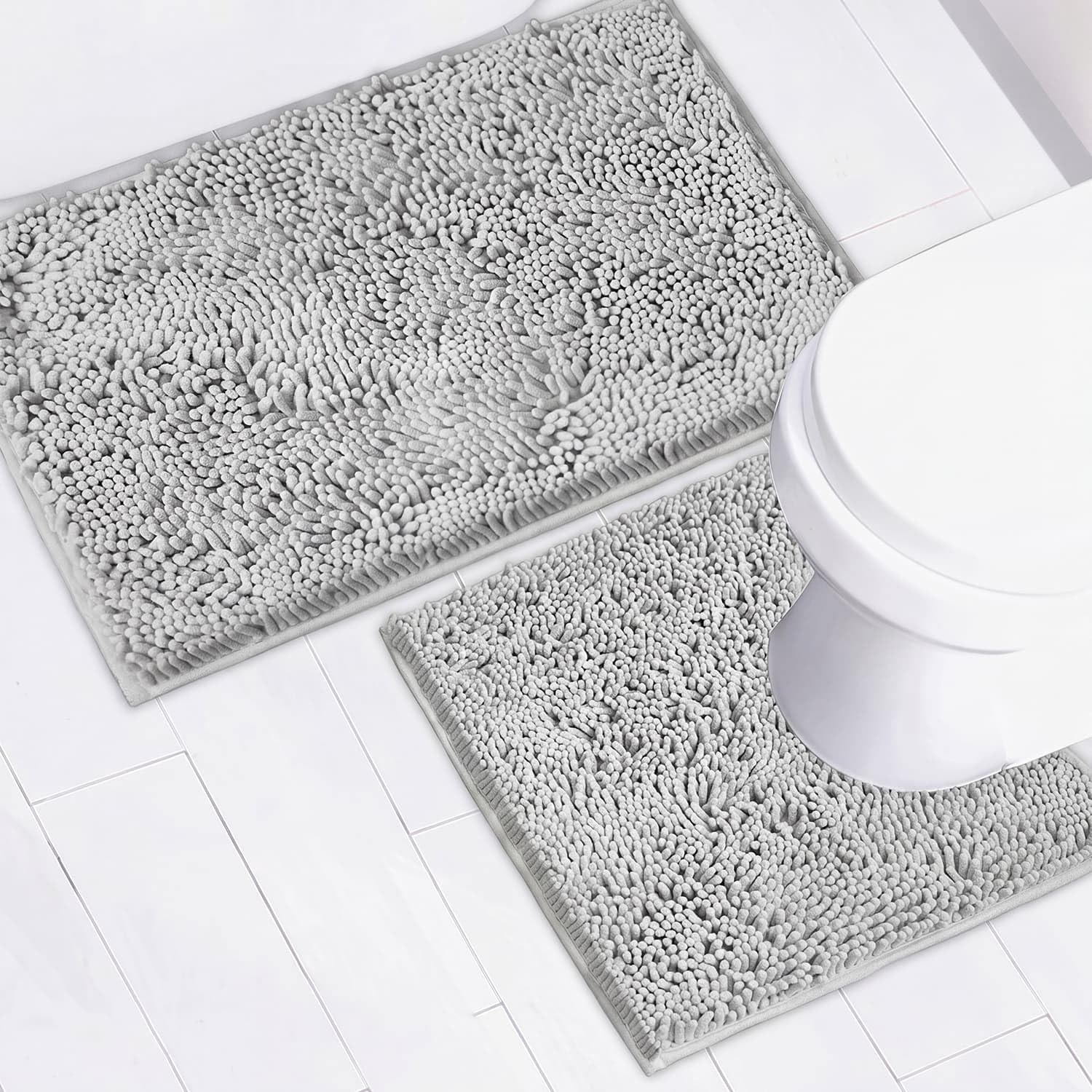 Photo 1 of AINAHYVA Bathroom Rugs Chenille Bath mat 2 Piece Set, Super Absorbent, Strong PVC Non Slip Backing, Bath mats for Bathroom, Plush Shaggy, Thick, Machine Washable, Bathtub, Toilet.(Light Grey)