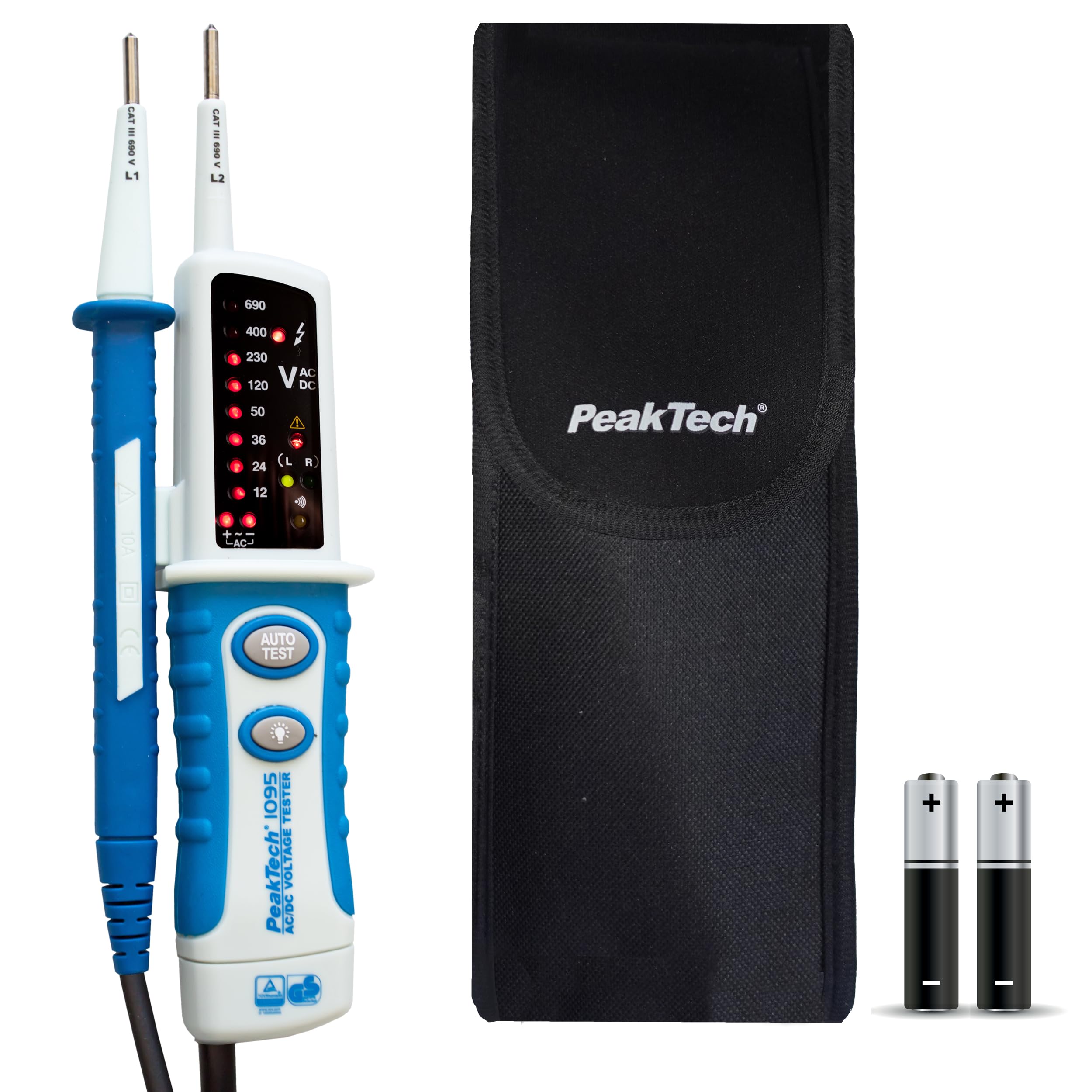 PeakTech 1095 – Testeur de Tension AC/DC 2 Pôles, Affichage LED, Résistant à la Poussière et aux Éclaboussures (IP64), Testeur de Continuité, Voltmètre 12V - 690V