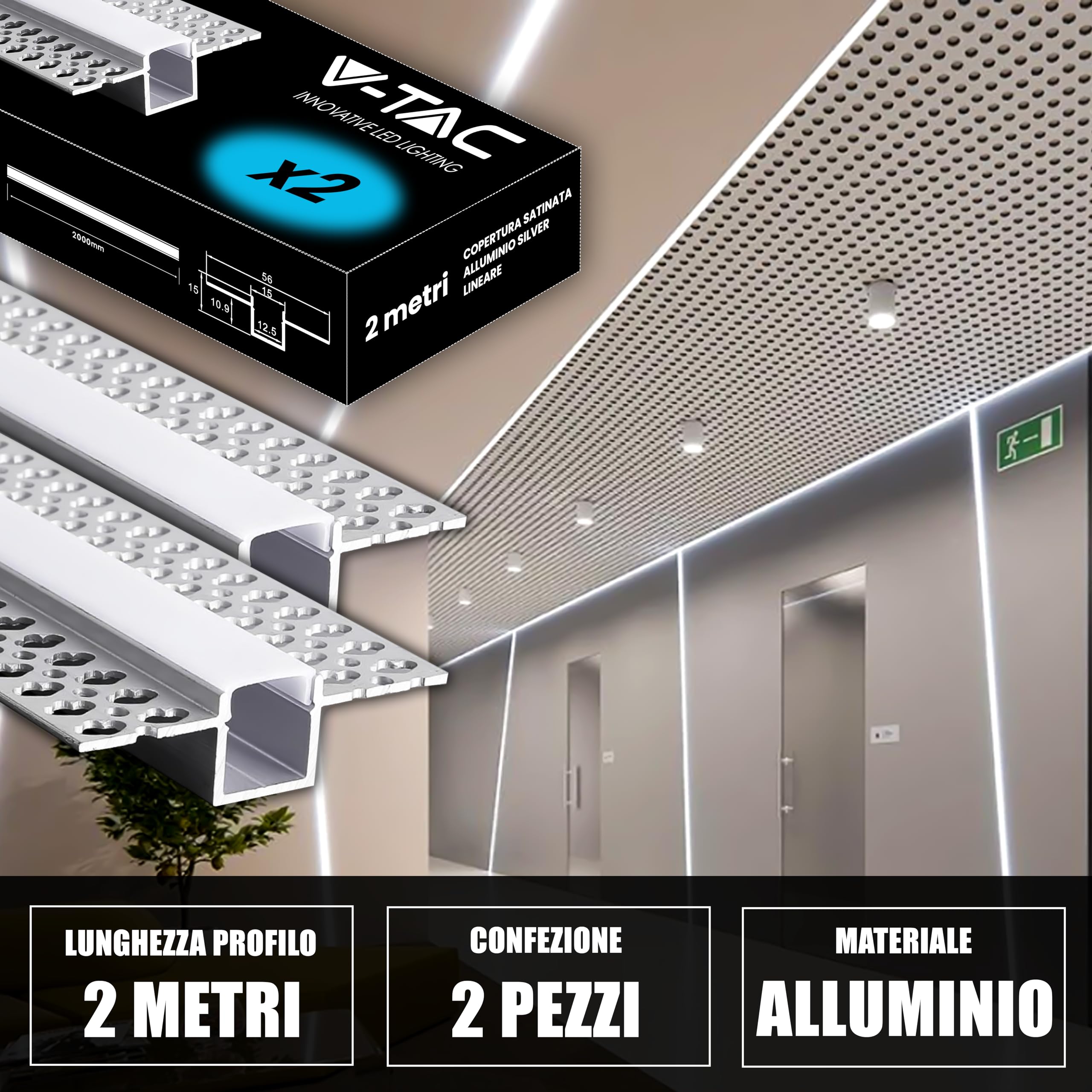 V-TAC 2x Profili per Strisce Led a Scomparsa da 2 METRI con Diffusore - (4 Metri Totali) - Profilo a Incasso da Parete e Soffitto per Striscia LED in Alluminio - Colore Argento - Misure 55 x 15 mm