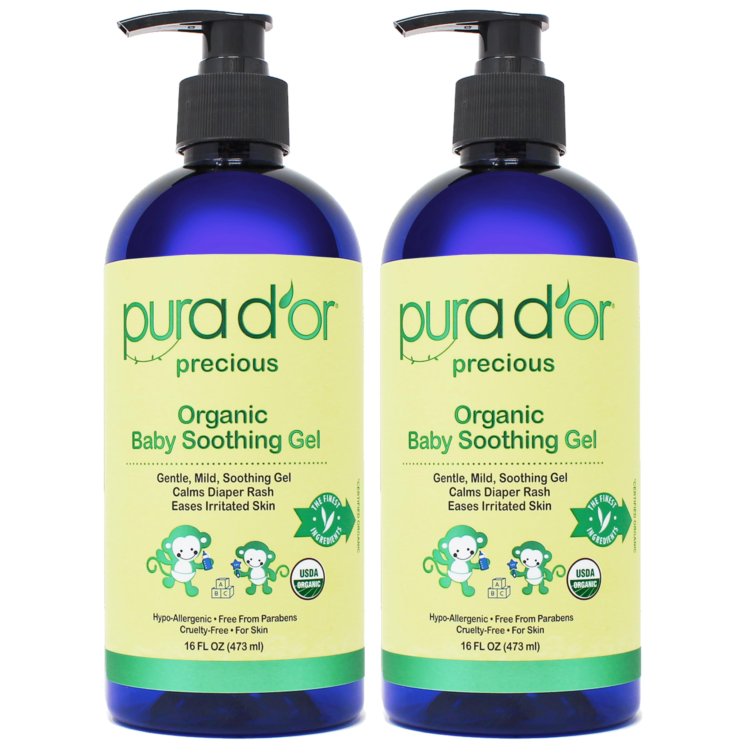 PURA D'OR ORGANIC Baby Soothing Gel For Sensitive Skin (16 Oz x2 = 32 Oz) Diaper Rash & Irritation Relief with Aloe Vera, Tamanu Oil, Chamomile, Jojoba, & Almond Oil