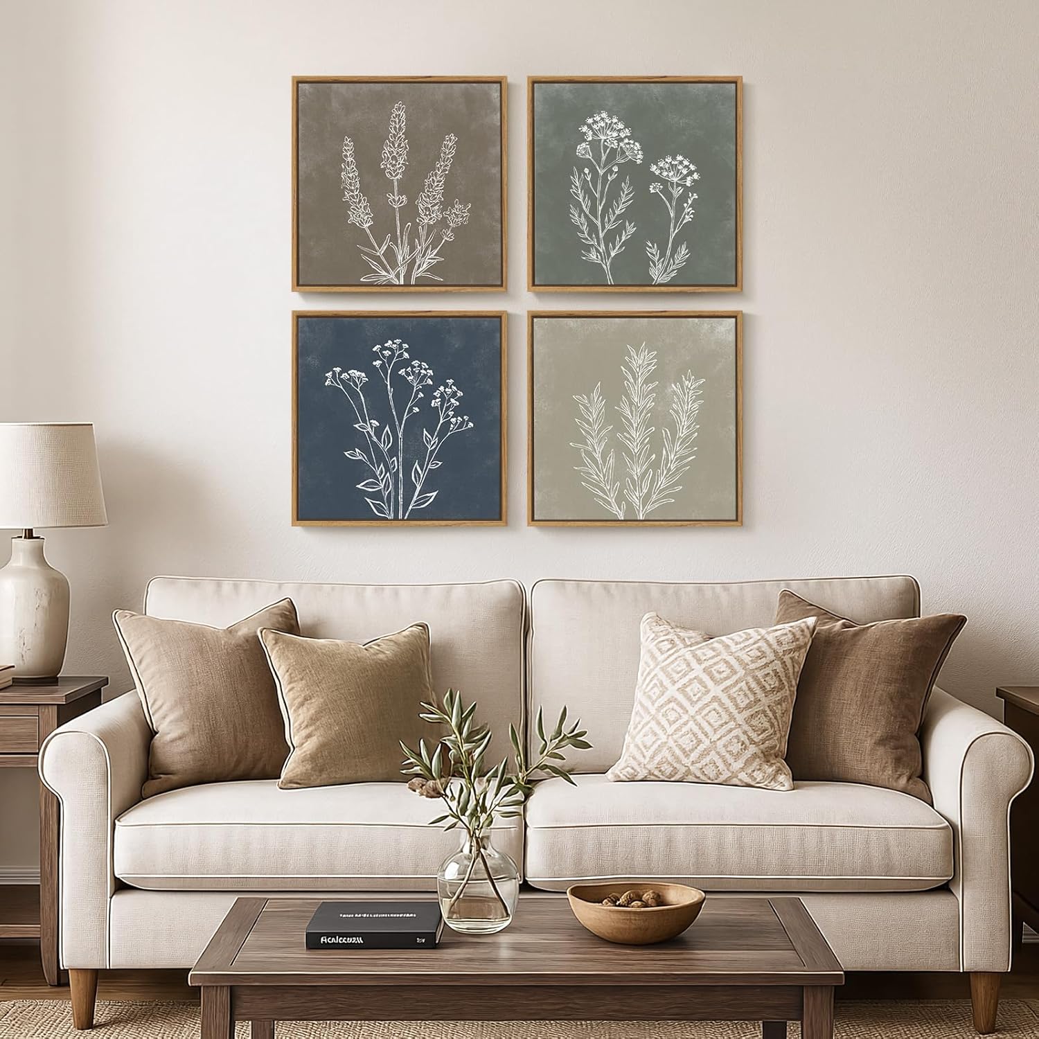 Framed Botanical Boho Wall Art, Set of 4 Piece Vintage Farmhouse Plant Leaf Canvas Artworks for Walls, Rustic Minimalist Picture Prints for Bathroom Bedroom Living Room Washroom Wall Decor 12x12 Inch
