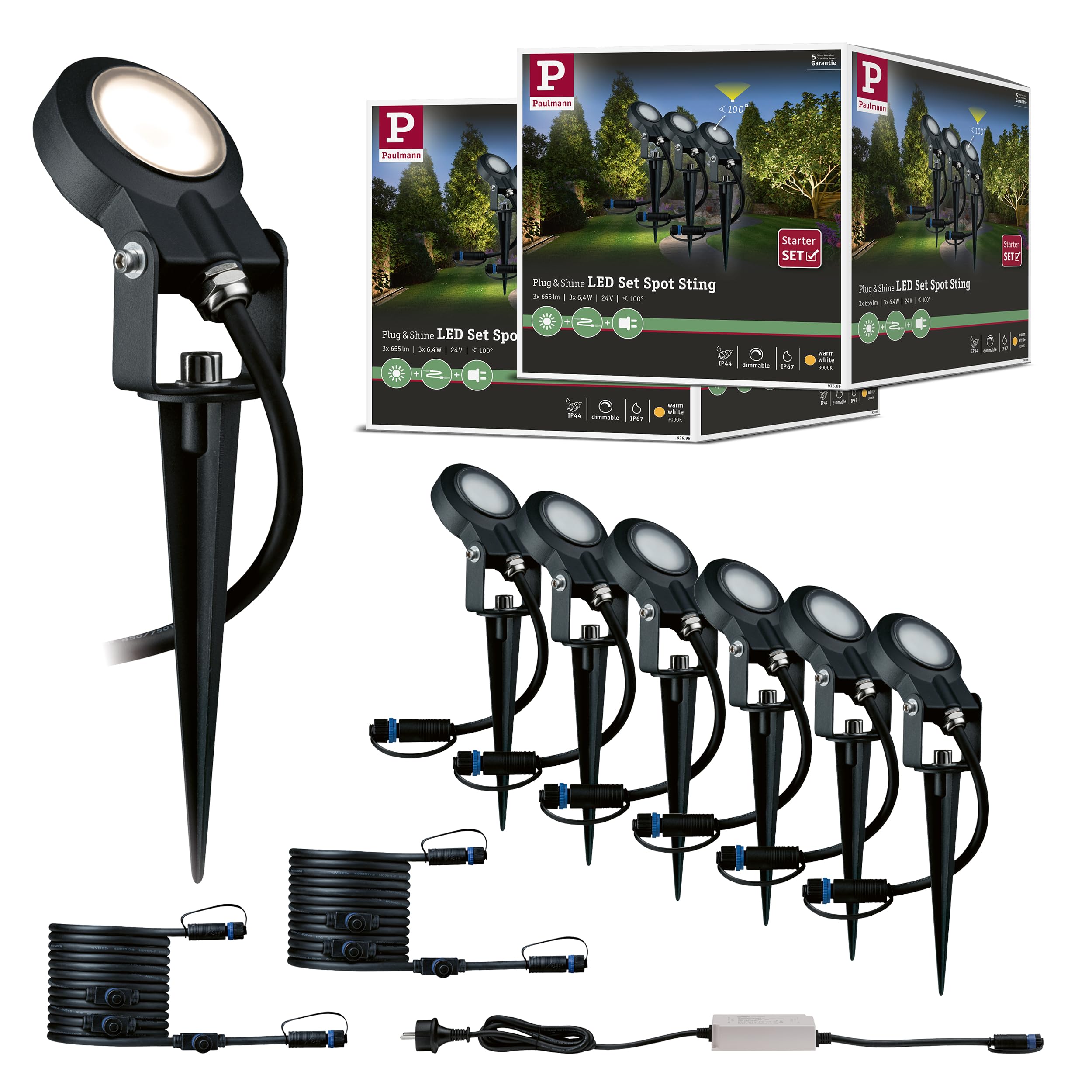 Paulmann 5217 Set Plug & Shine LED Gartenstrahler Sting 6er-Set IP67 rund 52 mm 3000K 6x6,4W 6x270lm 230/24V Anthrazit Aluminium