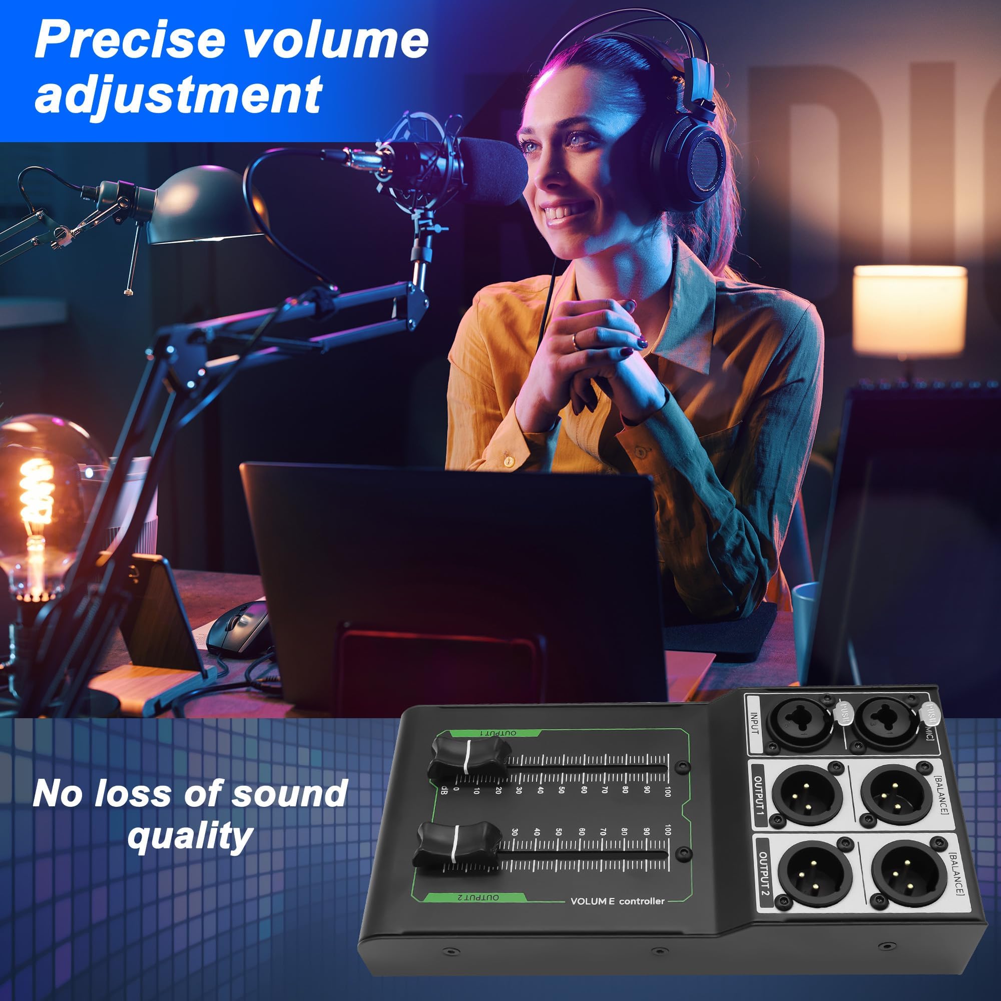 XMSJSIY Controllo del volume del monitor passivo 1 XLR / 1/4 TRS ingresso 2 uscite XLR stereo audio Control Studio Sound Adjuster Nessuna perdita per Studio & Home Audio System