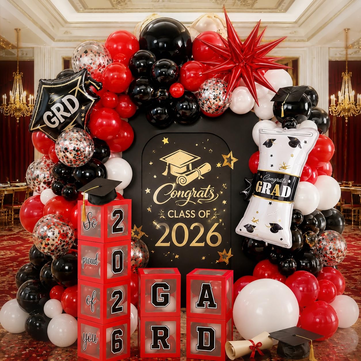 2026 Graduation Decorations Class of 2026 Red and Black Balloons Arch kit with Balloons Boxes, Congratulations Grad Party Decor Gold Confetti Balloon Explosion Star Certificate Trophies Foil Balloon