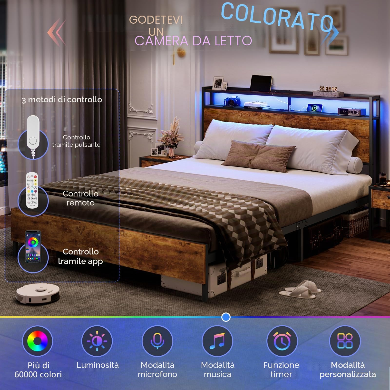 DICTAC Letto 120 x 200 cm con illuminazione LED, telaio del letto con presa e funzione di ricarica USB, letto in metallo 120 x 200 cm con testiera in legno, struttura del letto con rete a doghe e