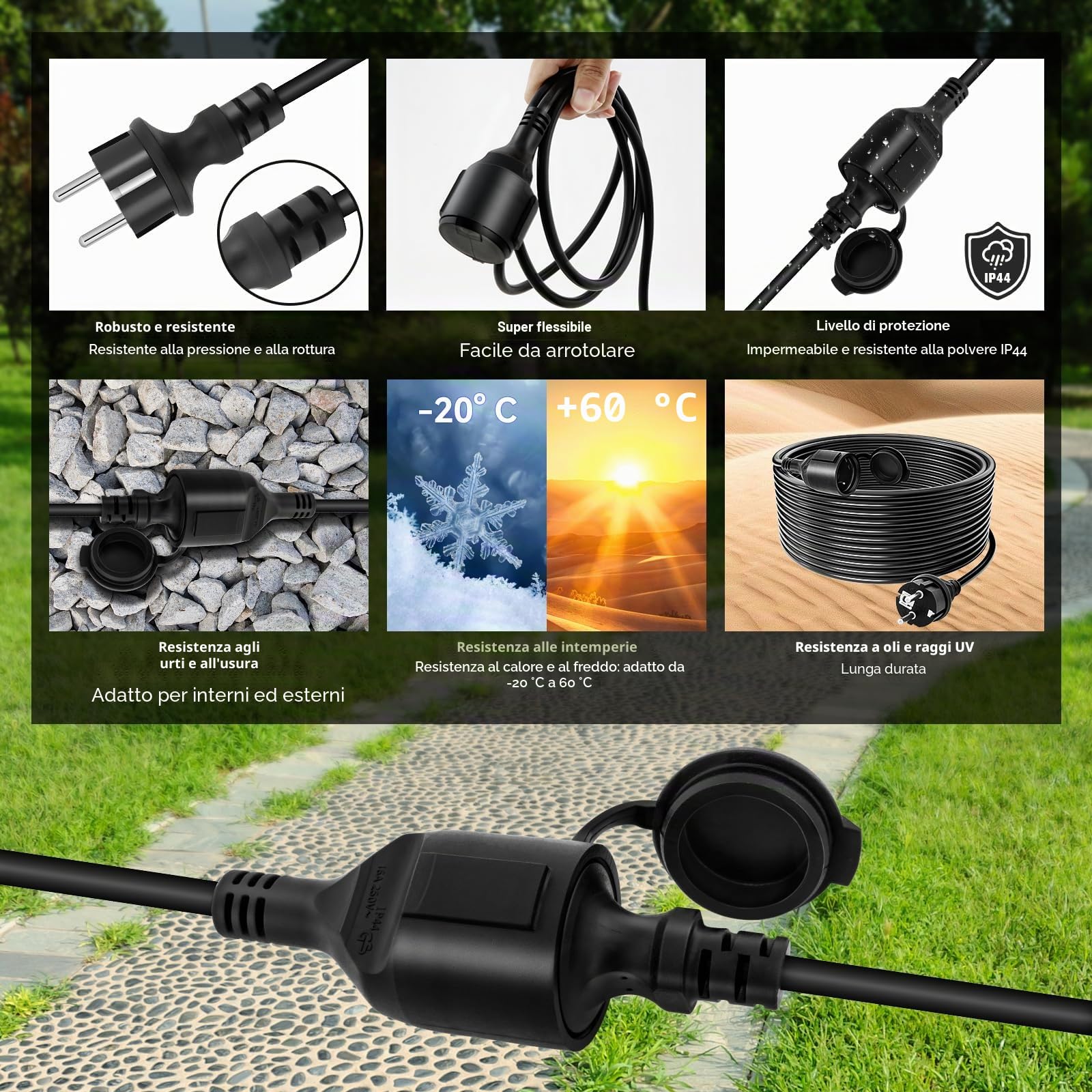 Prolunga elettrica 30 metri per esterni, Cavo di prolunga con cappuccio di protezione, Prolunga Impermeabile HO7RN-F 3G1.5mm², per Casa, Ufficio, Negozio, Lavoro