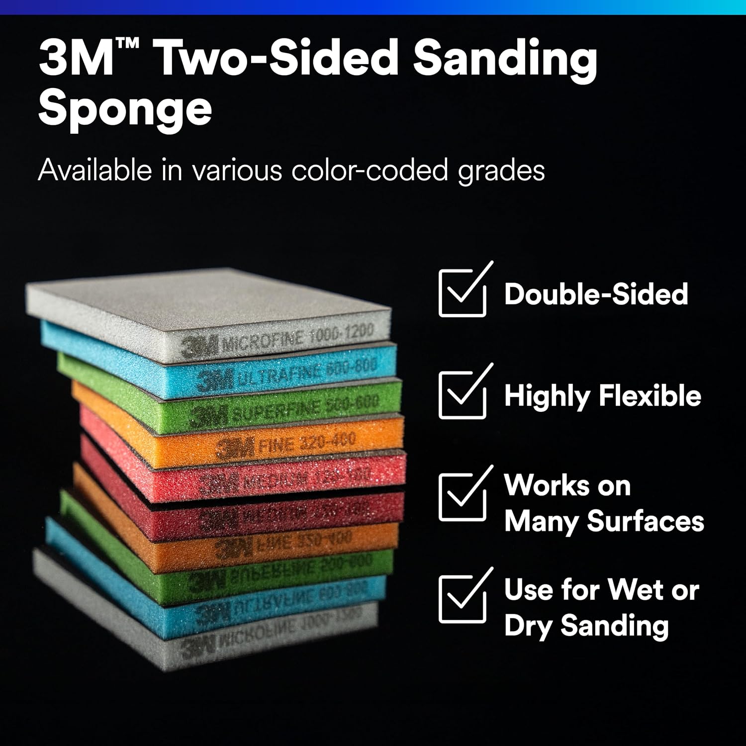 3M Two-Sided Sanding Sponge 23810, 4.8 in x 3.8 in, Superfine 500-600, Green, 20 Sponges for Car Scratch Repair, Paint Removal, Paint Preparation, Primer Sanding for Collision Repair