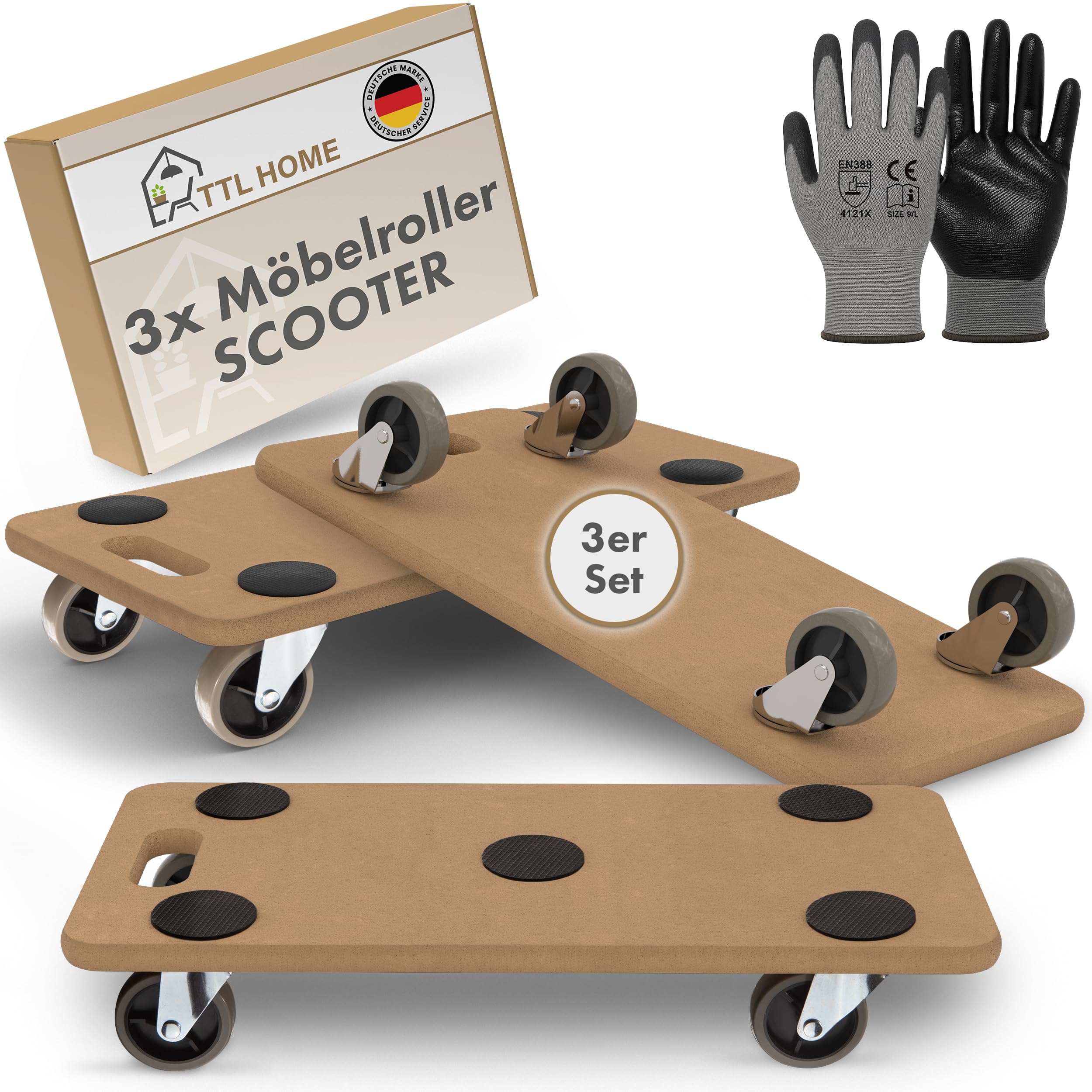 TTL Home Juego de 3 ruedas para muebles, 58 x 30 x 11 cm, carga de 250 kg, ruedas giratorias de goma 360°, ruedas giratorias y 5 almohadillas antideslizantes, carrito para objetos pesados para