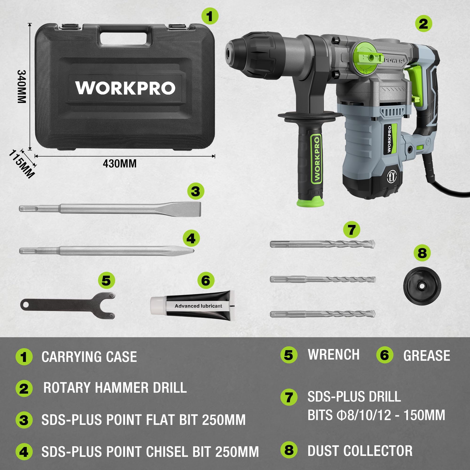WORKPRO Martello Perforatore da 1500W, SDS Plus Mandrino, 4 Funzioni,0-930rpm,Accessori Ricchi, Adatti per la Decorazione della Casa e la Manutenzione delle Attrezzature ecc