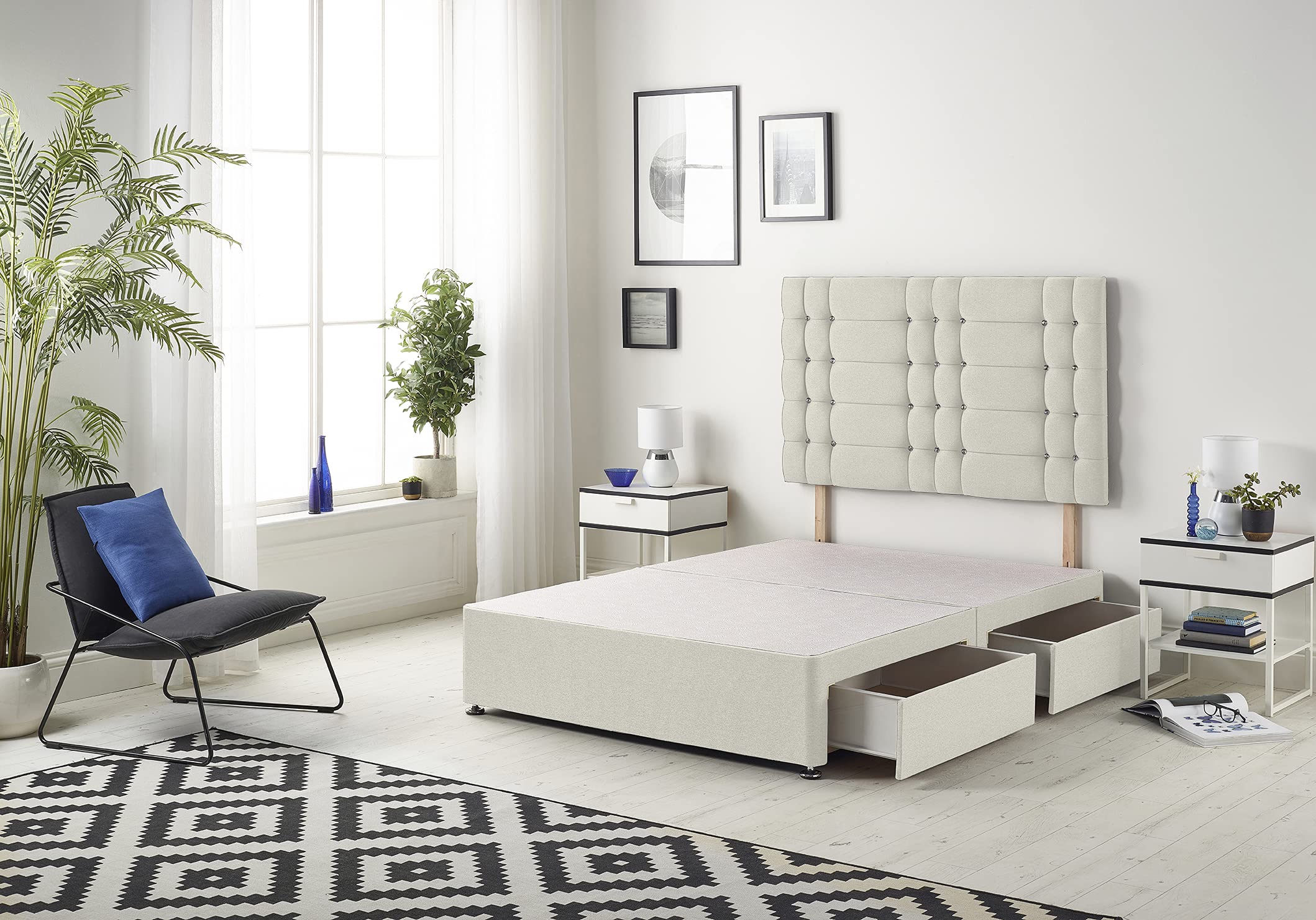 Bed Centre Bliss Divan Base with 2 Drawers and Matching 32" Headboard - Available in Multiple Fabrics and Colours (3FT Single, Plush Ivory)