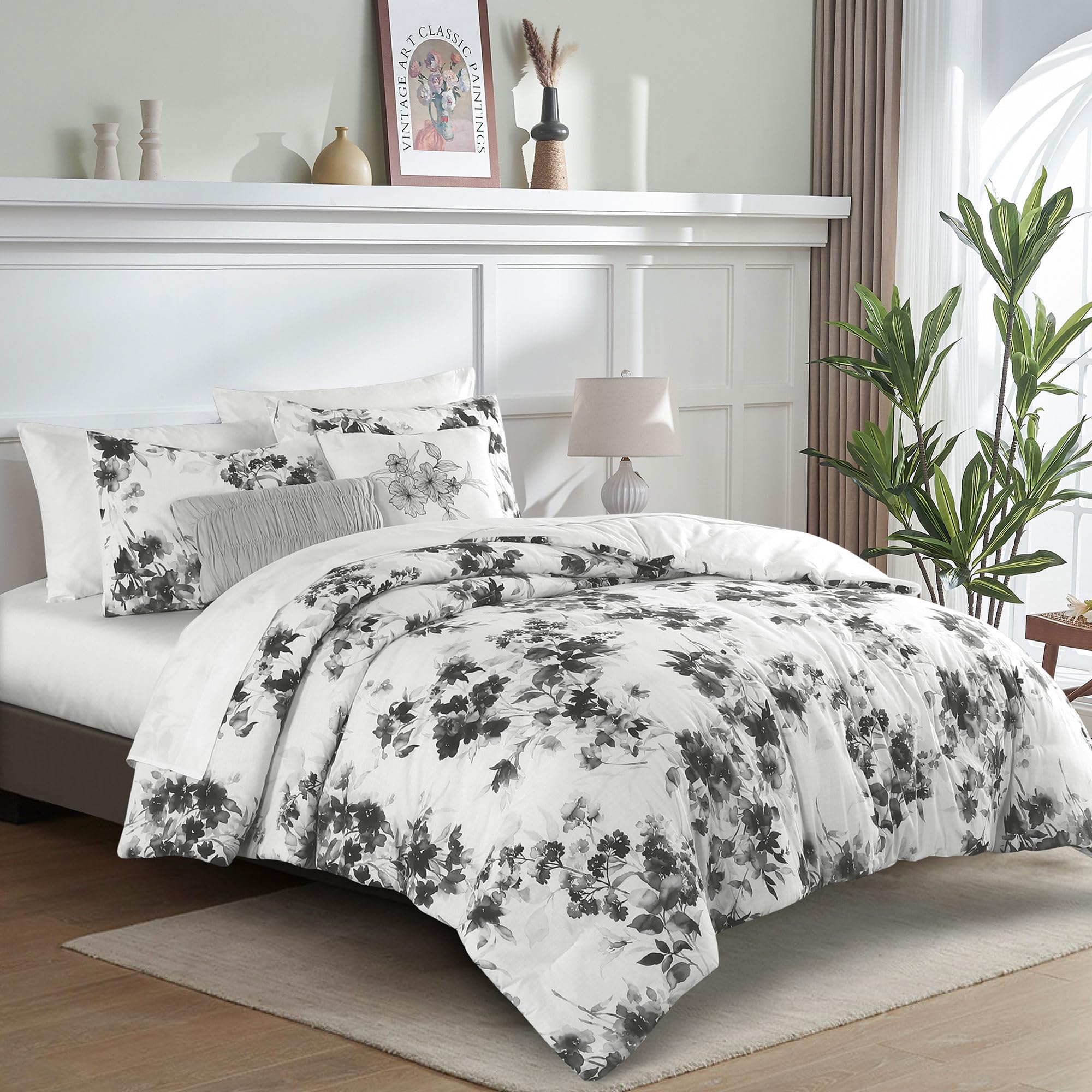 Wonderful Cotton Comforter Set Queen Size, 5 Pieces Grey and White Floral Comforter Bedding Sets with Pillow Shams, Lightweight Comforter Bed in a Bag for All Season