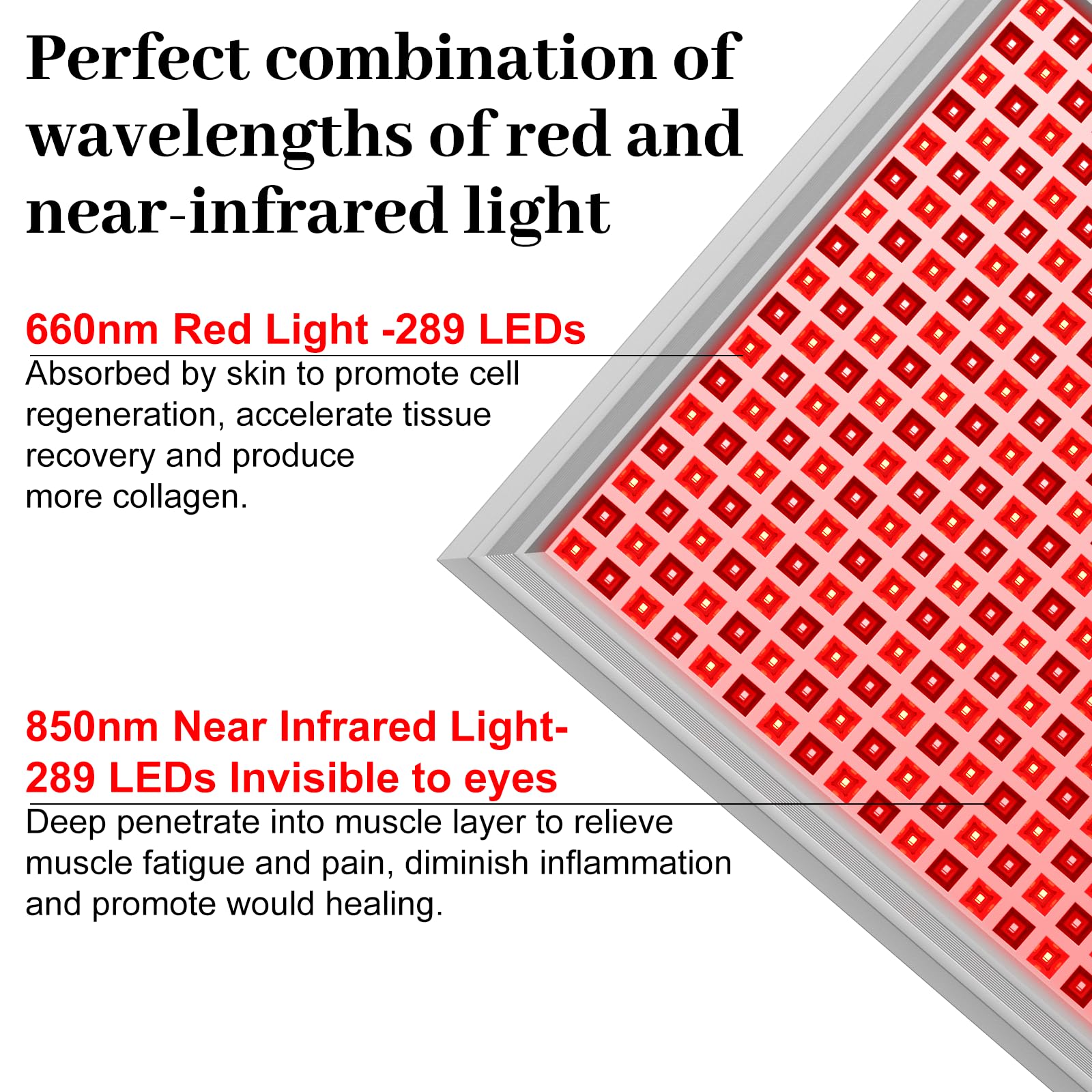 Lámpara de Luz Roja, Lámpara Infrarroja Combinada 660 nm y 850 nm, Panel de Luz Roja con 578 LED y Temporizador, para Cara, Cuerpo, Músculos y Espalda