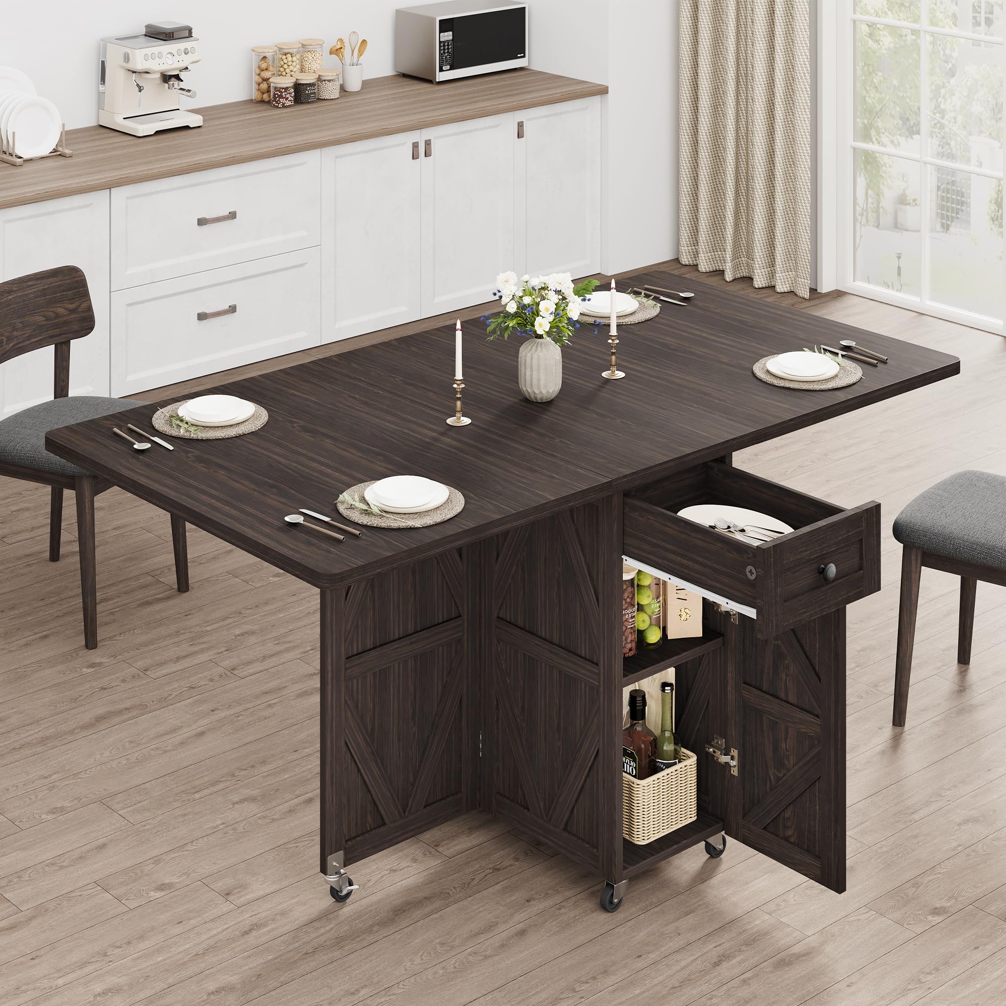 Photo 1 of ***SEE NOTES FOR DETAILS*** Jocoevol Folding Dining Table for Small Spaces, Space Saving Foldable Kitchen Table with Drawer & 2-Tier Storage Shelf, Rolling Expandable Dining Table with Wheels, Farmhouse, Dark Walnut