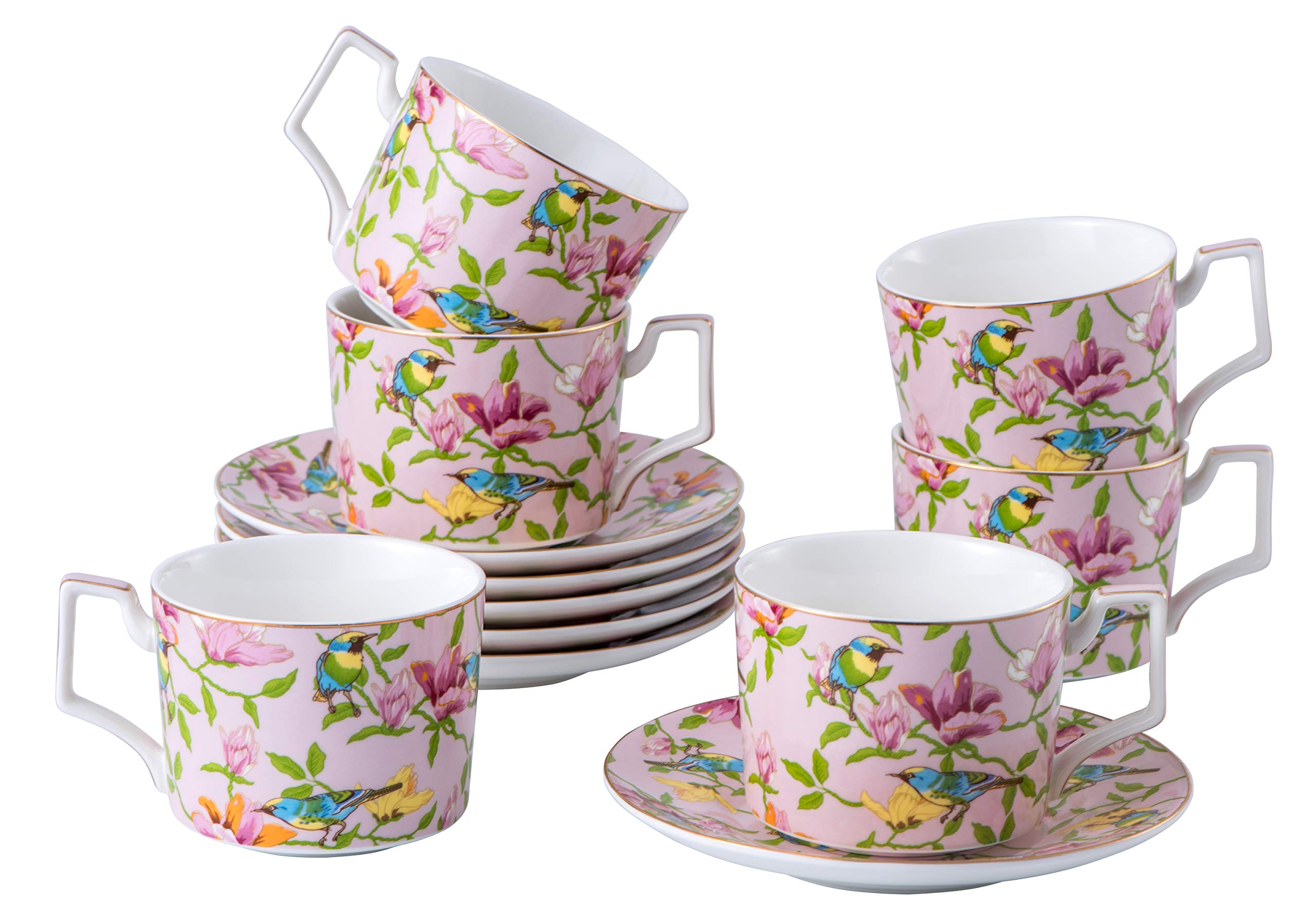 Set of 6 large 8.5 OZ Royal Tea Cups with Saucer,Set of 6Coffe Cups,Cappuccino, Americano Cups with 