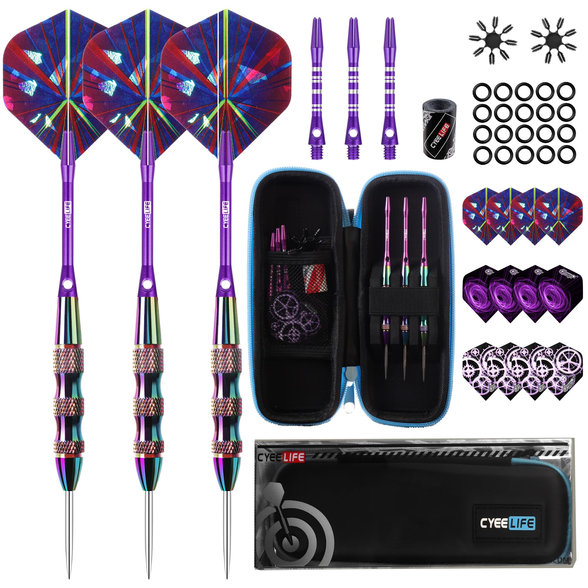 CyeeLife Steel Tip Darts Set,3 Pack Professional Dart with 6 Premium Aluminum Shafts,3 Style PET Flights,Dart Sharpener, Rubber Rings, Flight Protector and Dart Case,Colorful