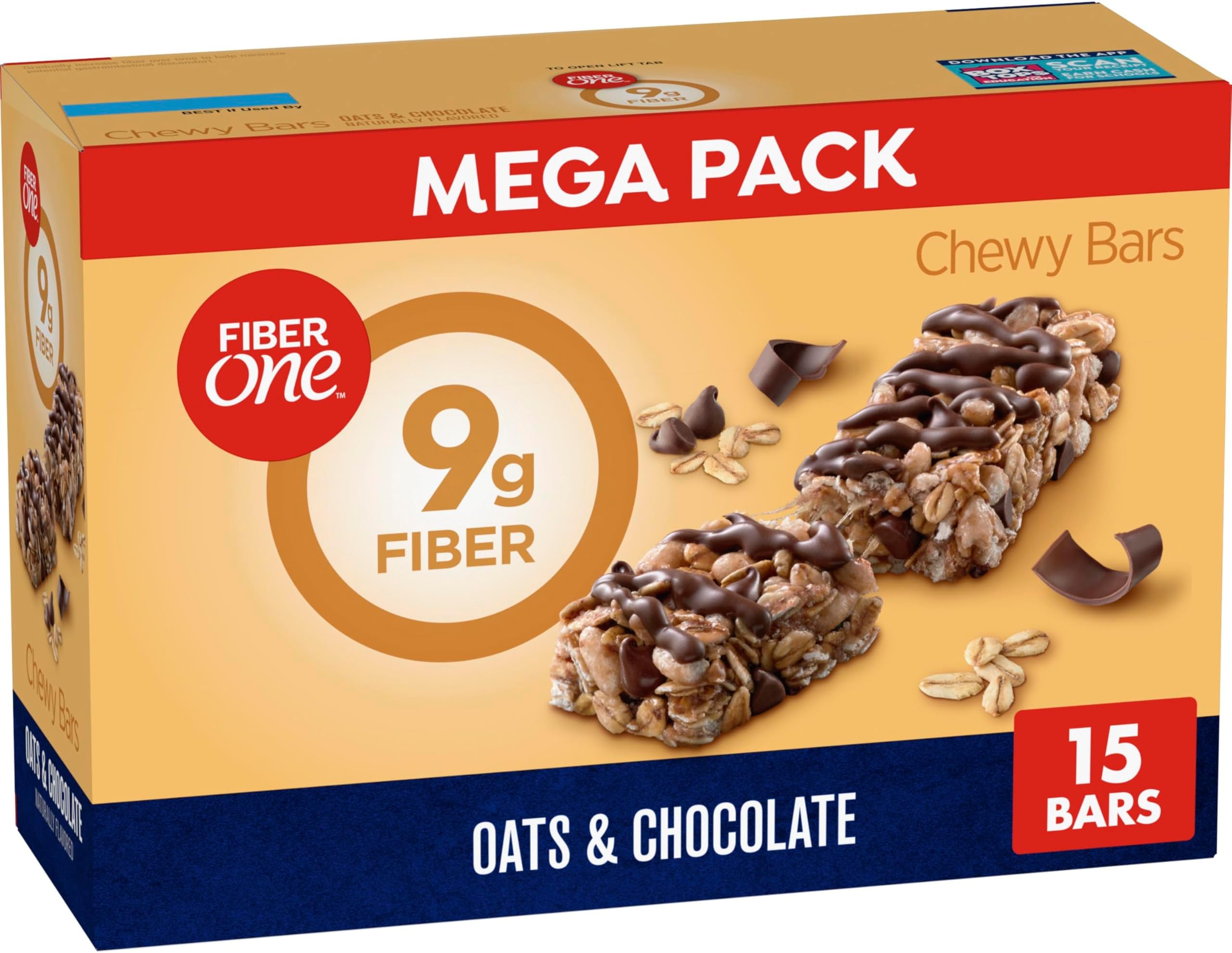 Fiber One Chewy Bars, Oats and Chocolate, Fiber Snacks, Mega Pack, 15 Ct, 21.2 oz