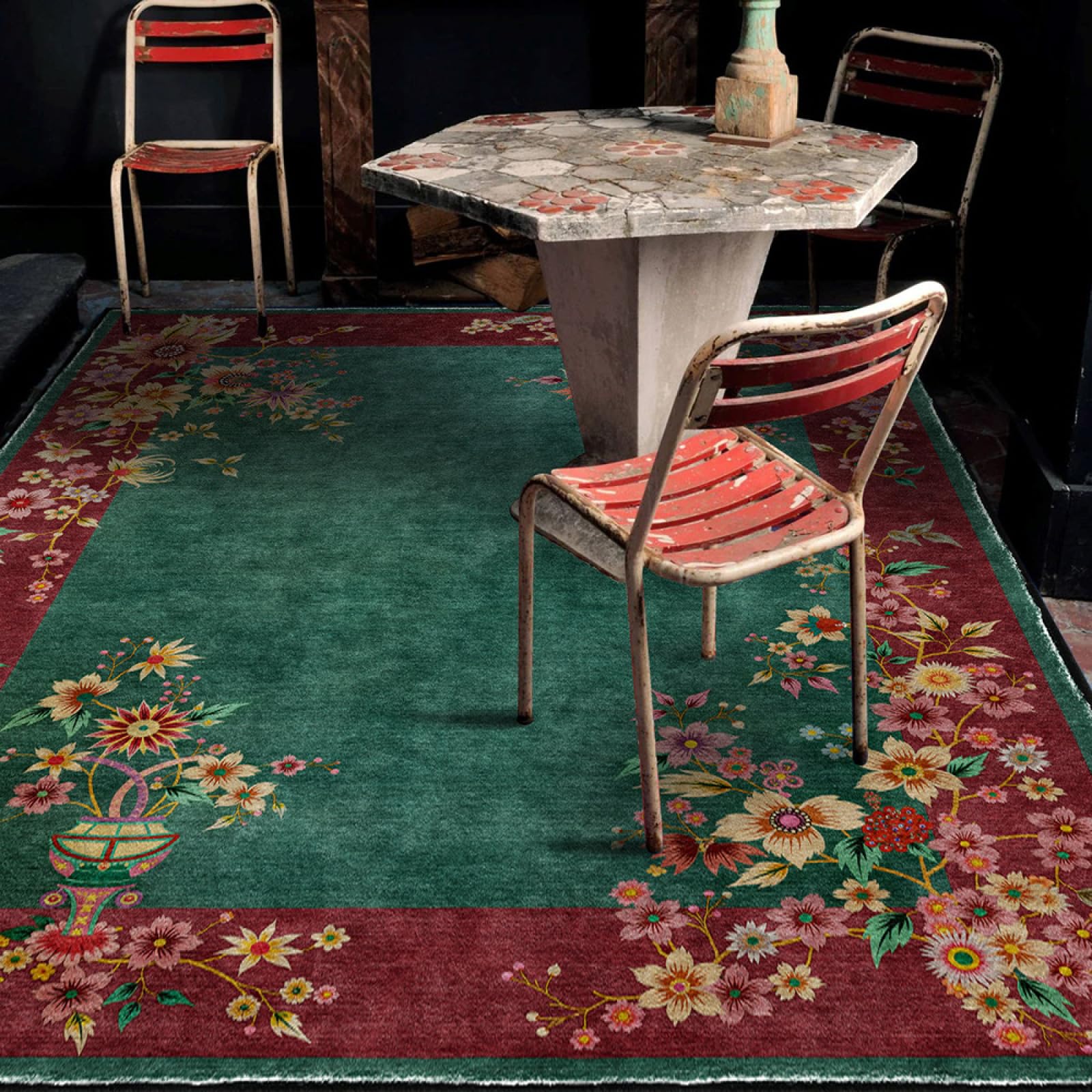 Tapis grand salon vert 160x230 cm à poil ras et style rétro floral