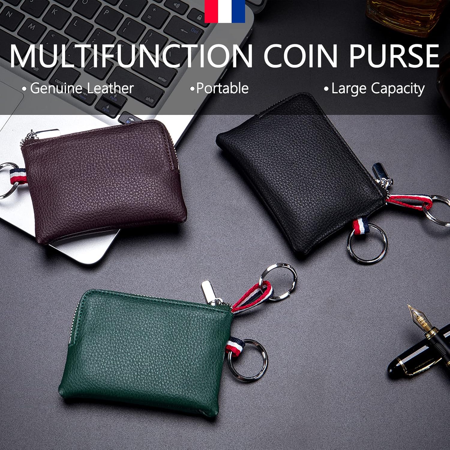 Mini Genuine Leather Wallet Coin Purse with Dual Keyrings Compact Change Pouch and Card Holder for Men and Women (Black)