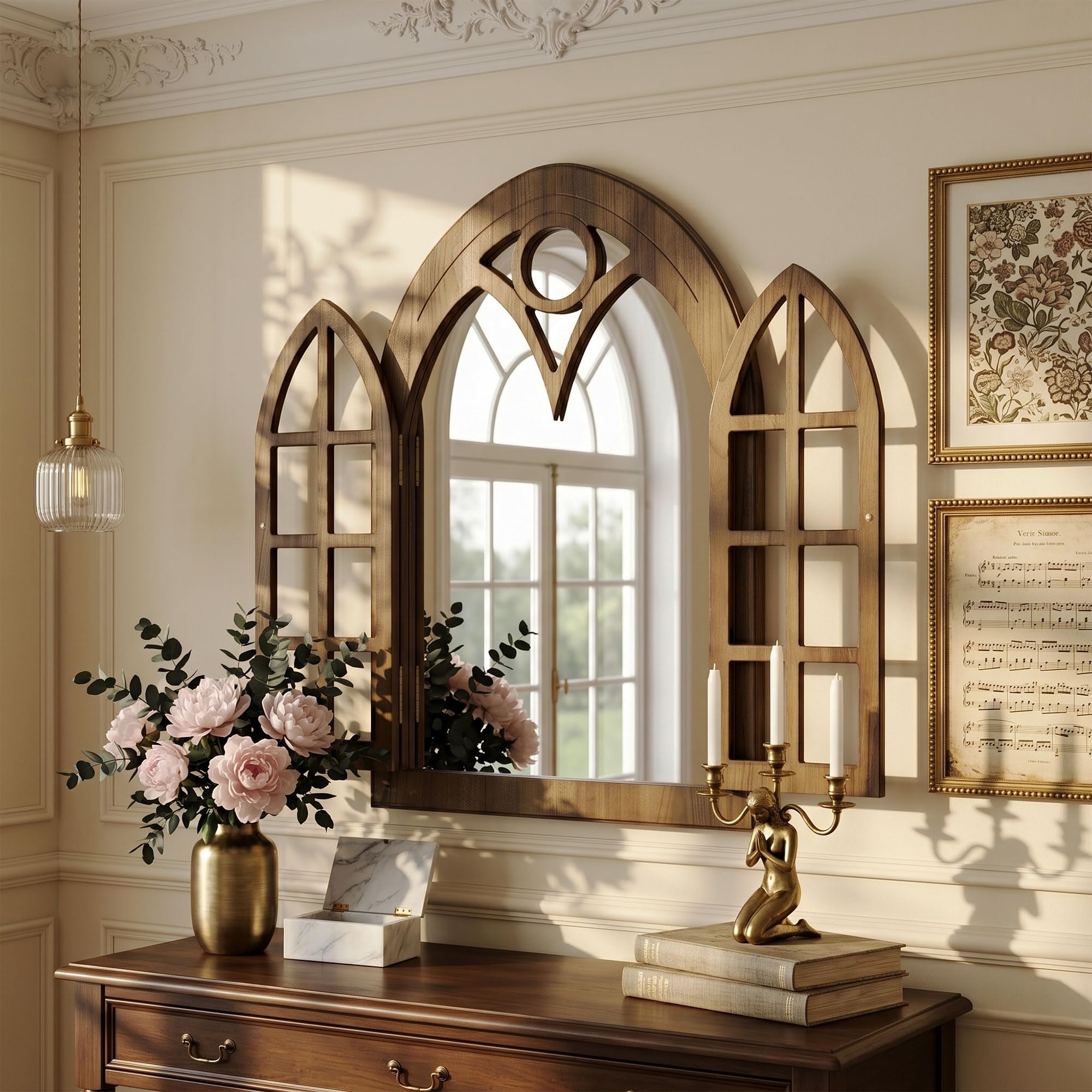 Espejo de Pared Estilo Ventana de Arco con Marco de Madera Abrible, Diseño de Ventana para Salón, Dormitorio & Entrada