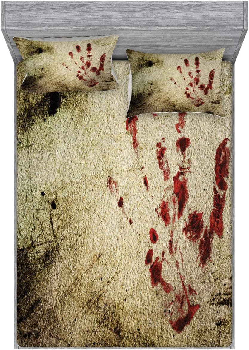Ambesonne Horror House Fitted Sheet & Pillow Sham Set, Grunge Design Wall Bloody Hand Print Murky Palm Trace Retro Spooky Movie Themed, Decorative Printed 2 Piece Bedding Decor Set, Full, Beige Red