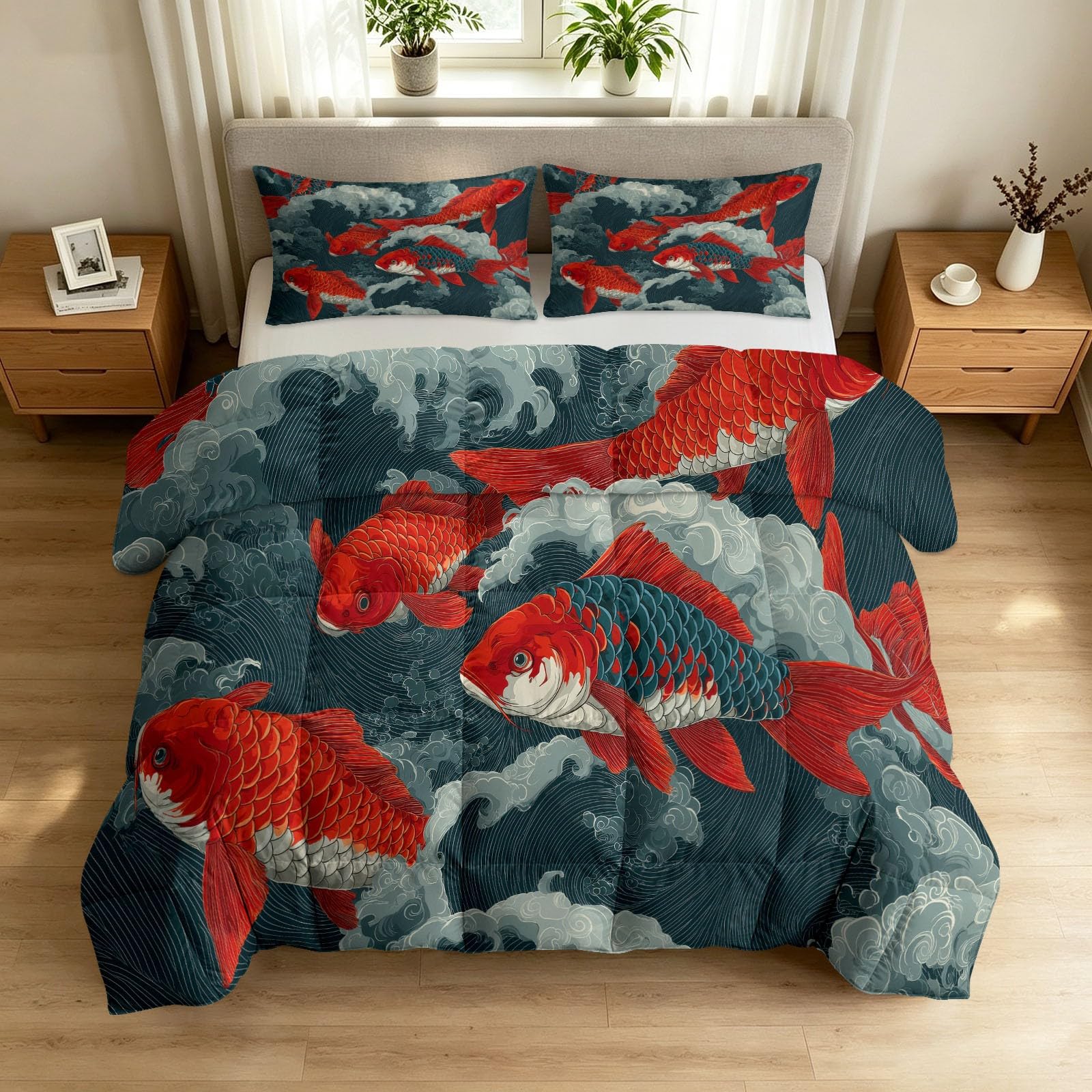 Couette d'été animal poisson carpe koï pour lit 2 personnes avec edredon réversible