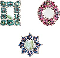 Handmade Peruvian Silver Leaf Mirrors Set of 3 - 6in Wall Decor with Turquoise, Blue, Fuchsia Floral Accents by DecorContreras
