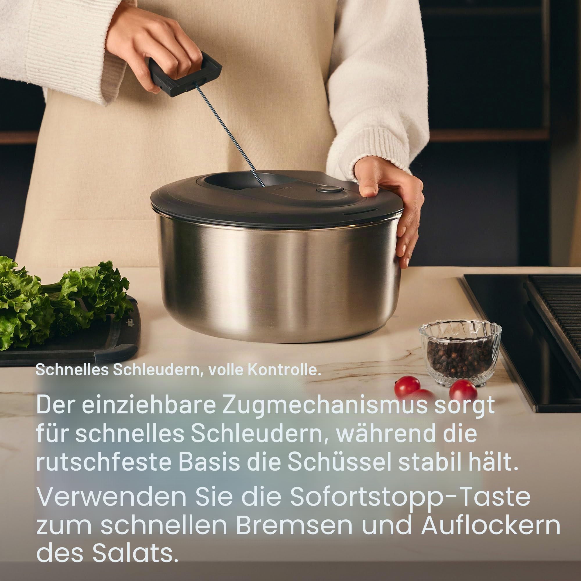 Zyliss Easy Spin Salatschleuder Edelstahl Groß, 6L, Mit Seilzug, Salatschüssel mit Deckel, BPA-frei, Rutschfester Boden, AquaVent™-Technologie, Stopptaste, Spülmaschinengeeignet