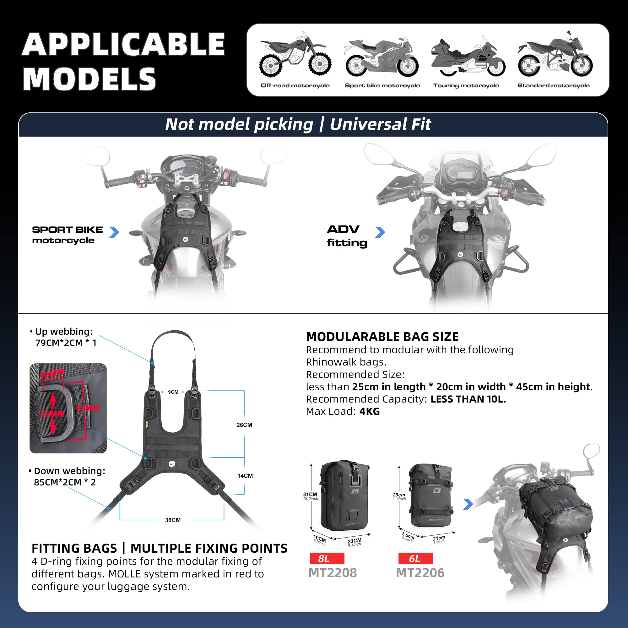 Rhinowalk Base de montage pour réservoir de moto/selle/selle/sac/sac/talkie-walkie