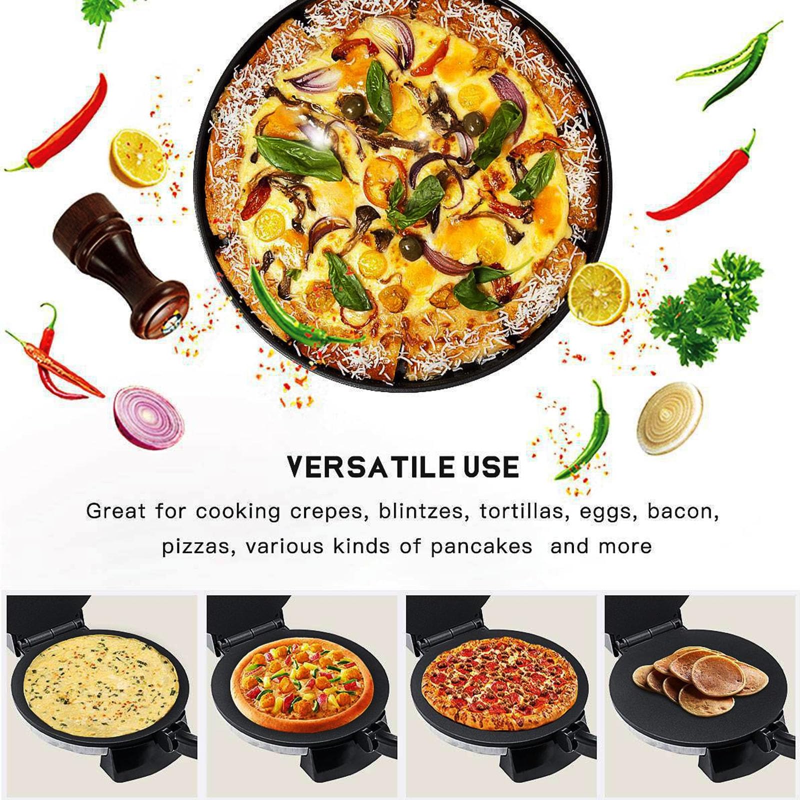 Maker De Roti Elektrische Tortilla-Maschine mit 2100 W, antihaftbeschichtet, 30,5 cm (12 Zoll), mit einstellbarer Temperatur, doppelseitige Erwärmung für Pizza, Pita, Quesadillas und Mor