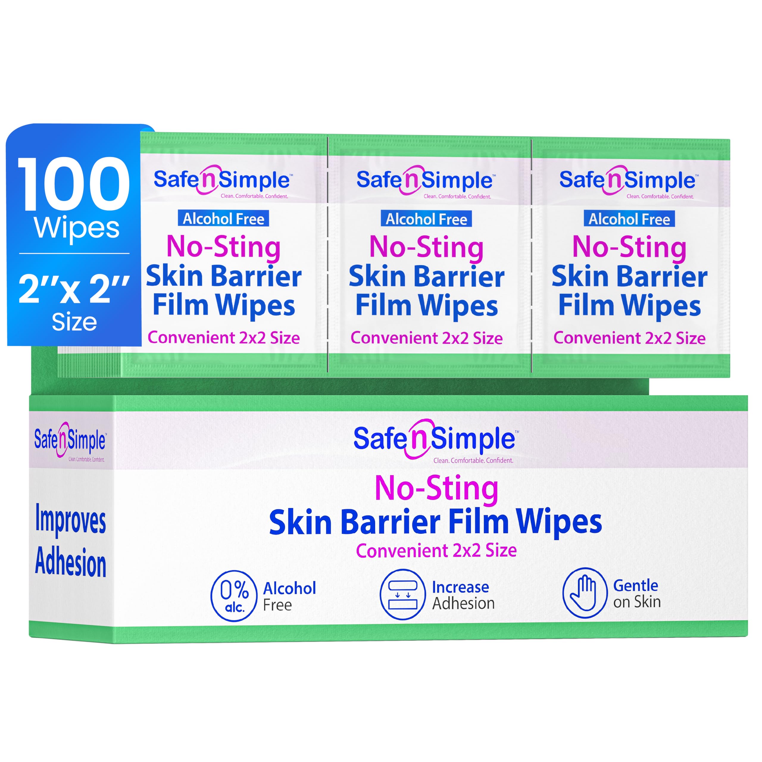 Safe n' Simple No Sting Skin Prep Wipes - 100 Individual Ostomy Barrier Film 2.4" x 2.4" - Skin Barrier Film Wipes for Ostomy - Protective Sting Free Skin Barrier