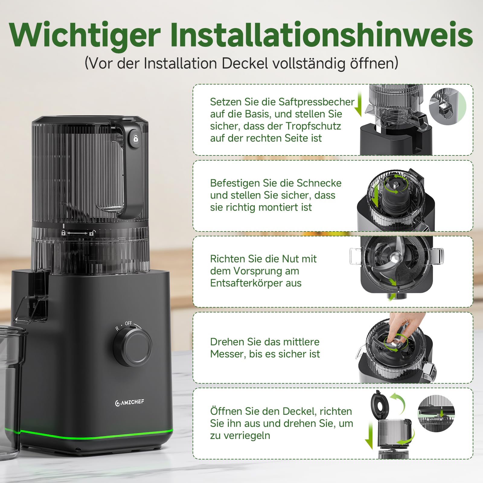 AMZCHEF Entsafter Slow Juicer für ganze Früchte & Gemüse, Kaltpress Saftpresse mit 155 mm XXL-Einfüllöffnung, 2,5 L Behälter, 3-in-1 Sieb (für Saft, Sorbet & Nussmilch), leicht zu reinigen, Schwarz