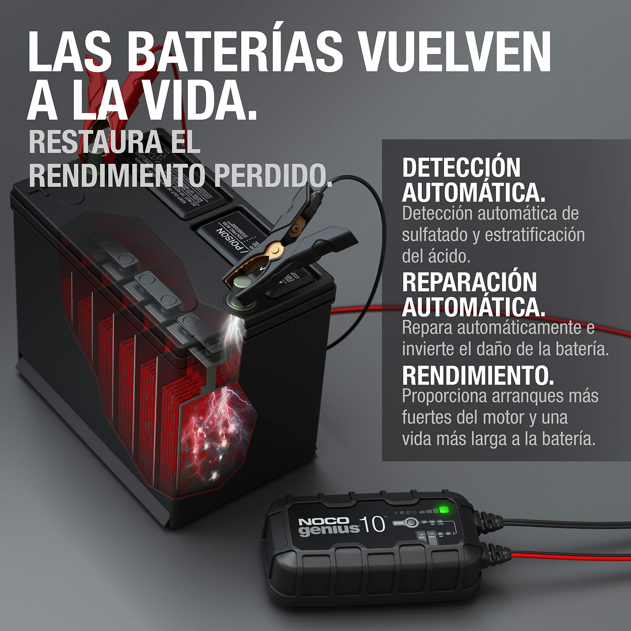 NOCO GENIUS10: Cargador Inteligente de baterías 10A 6V/12V – Mantenedor automático y desulfatador – Protección contra sobrecarga y compensación térmica – para baterías de Plomo y Litio