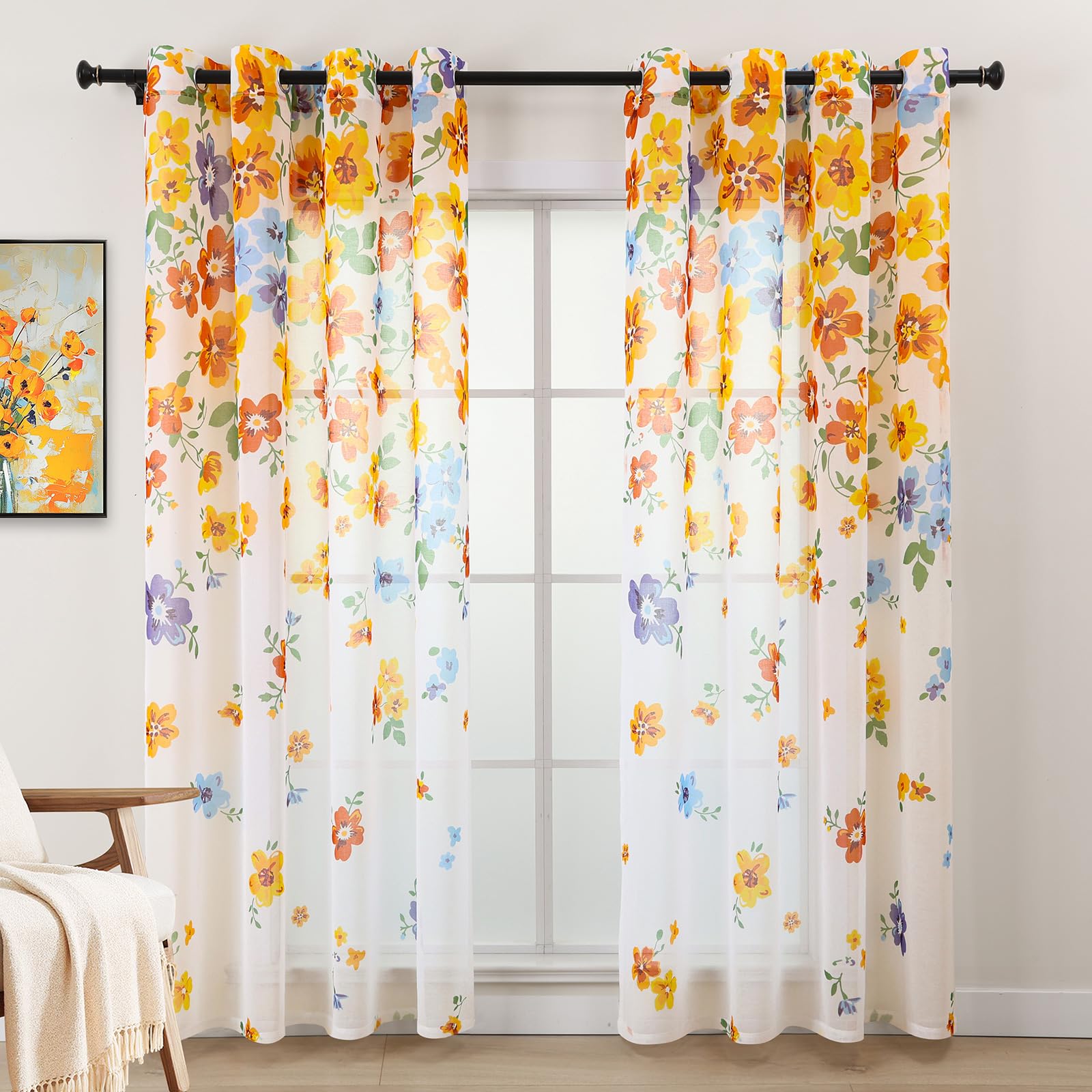 L.Z.E Lot de 2 Rideaux Transparents à œillets pour Salon - Motif Floral - Aspect Lin - 245 cm de Long - Orange et Bleu