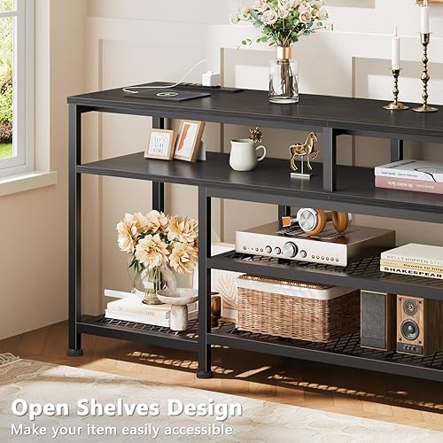 Miniatura 6 de Furologee Soporte de TV con tomas de corriente y luces LED, centro de entretenimiento de 55 pulgadas para televisores de 55 y 60 pulgadas, mesa