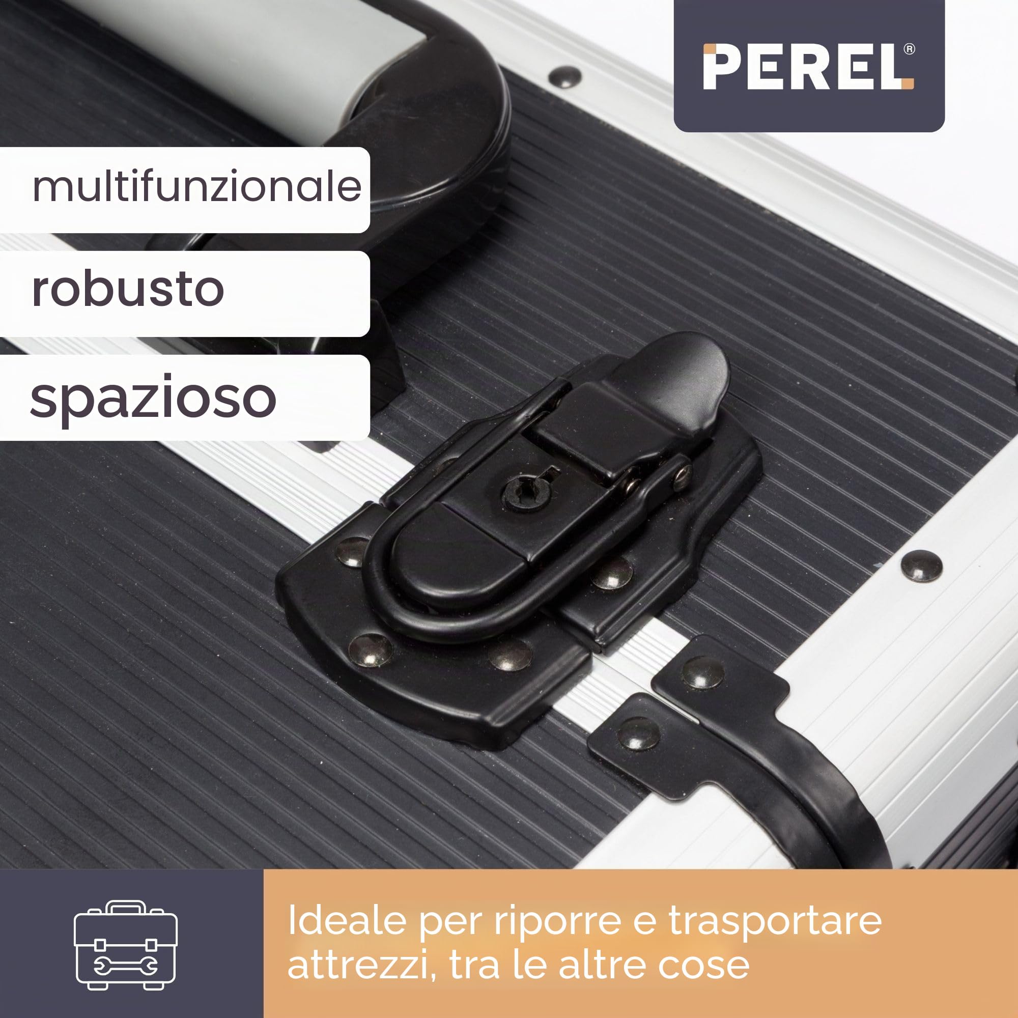 Perel Valigetta portautensili con ruote in alluminio nera, trolley con manico telescopico, 3 scomparti con organizer e vaschetta interna, chiusura a chiave con 2 chiavi, 370 x 225 x 670 mm, 66,9 l