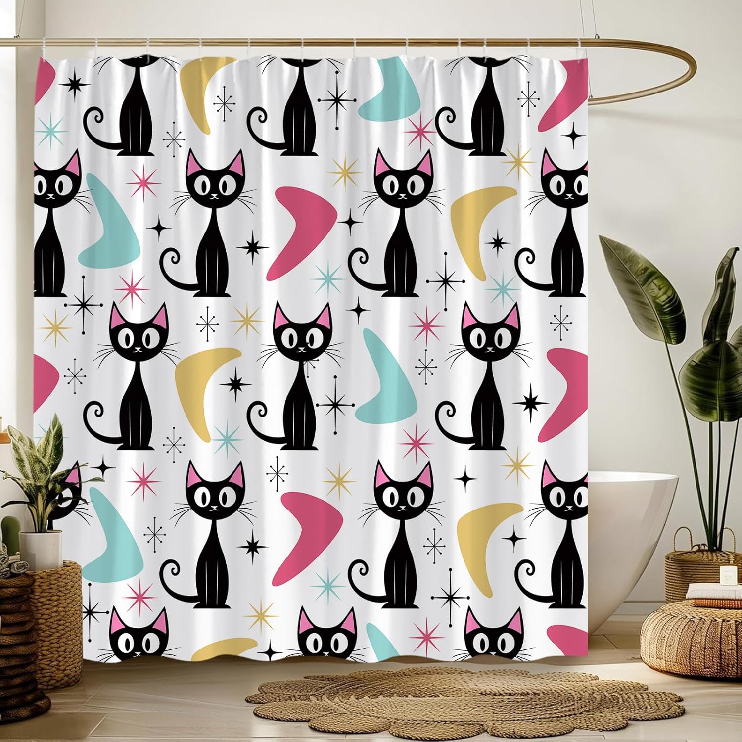 Mid Century Cat Shower Curtain Pink Yellow Teal Modern Geometric Atomic Black Cat Vintage 50S 60S Retro Fabric Bathroom Decor Curtain with Hooks,70X96(WXH) Inches