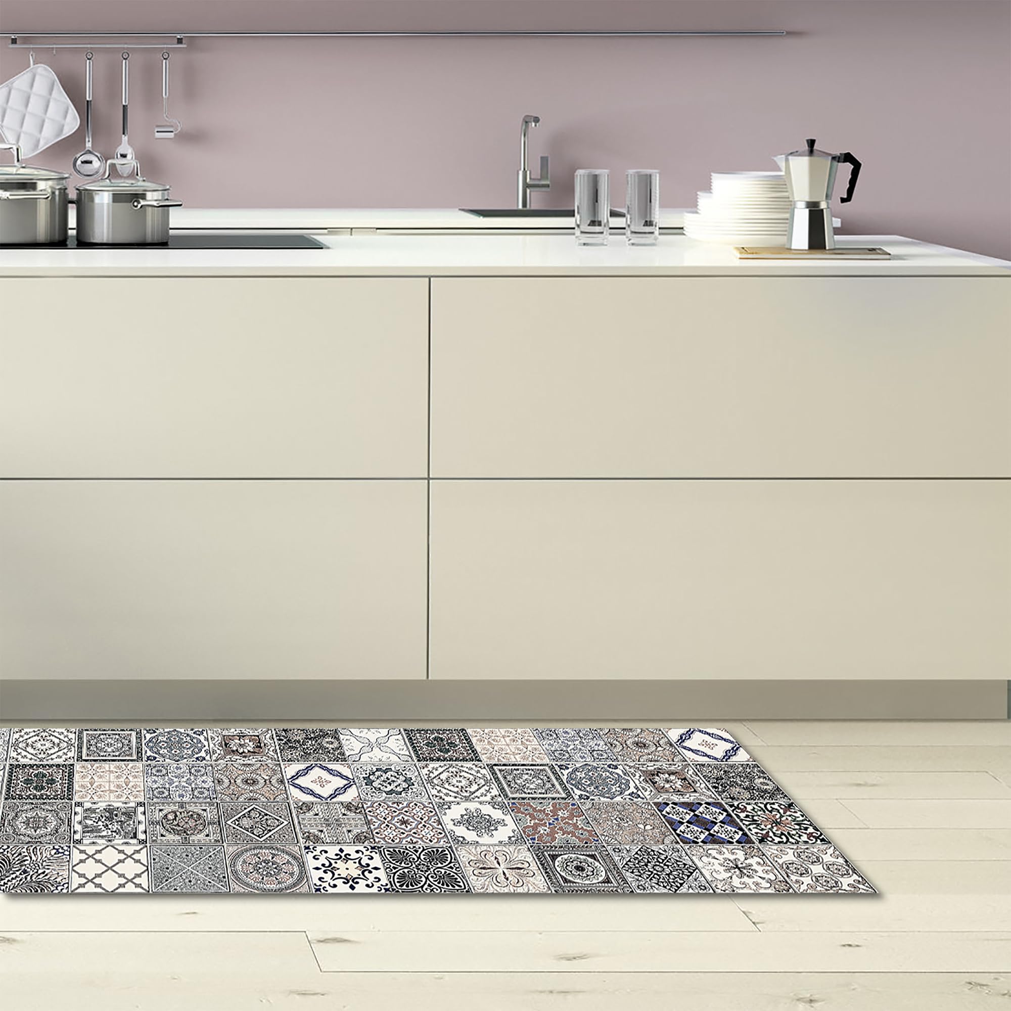 Crearreda Azulejos Vintage Kitchen Runner Rug 50 X 240 Cm Insulating, Fire Retardant, Scratch-Resistant, Hypoallergenic, Easy To Wash Vinyl Rug Made In Italy