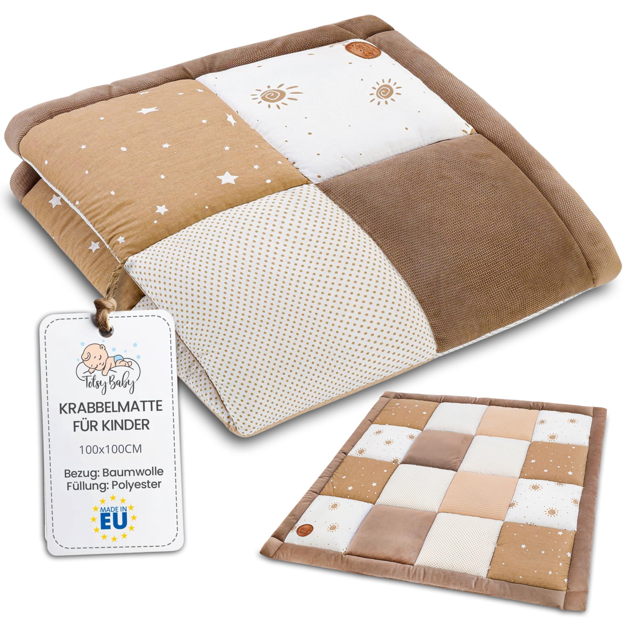 Totsy Baby Alfombra Bebe Acolchada Plegable 100x100 cm - Patchwork tapete Infantil habitacion para niños y niñas Manta de Juego para Bebes o colchoneta Suelo Infantiles Beige con Estrellas Blancas
