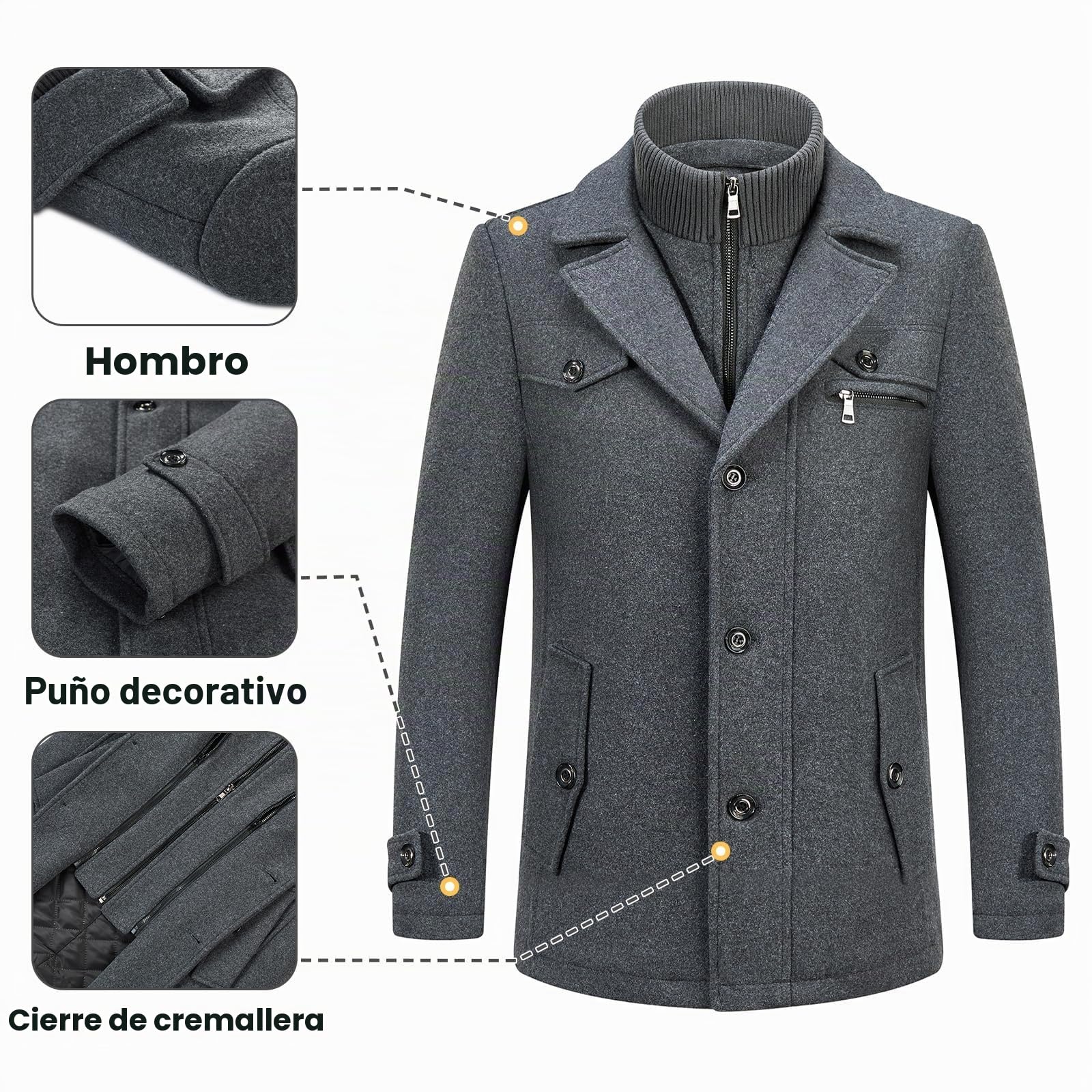 Kudoro - Abrigo para hombre, de lana caliente, medio largo, invierno, para abrigo, diseño clásico, parka, gris, XXL