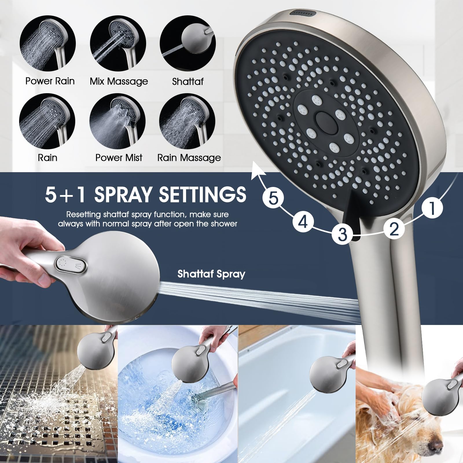 PDPBath Soffione doccia a pioggia da 35,5 cm con 5+1 impostazioni, soffione doccia a pioggia ad alta pressione con braccio di estensione regolabile da 40,6 cm, tubo extra lungo da 200,7 cm, deviatore