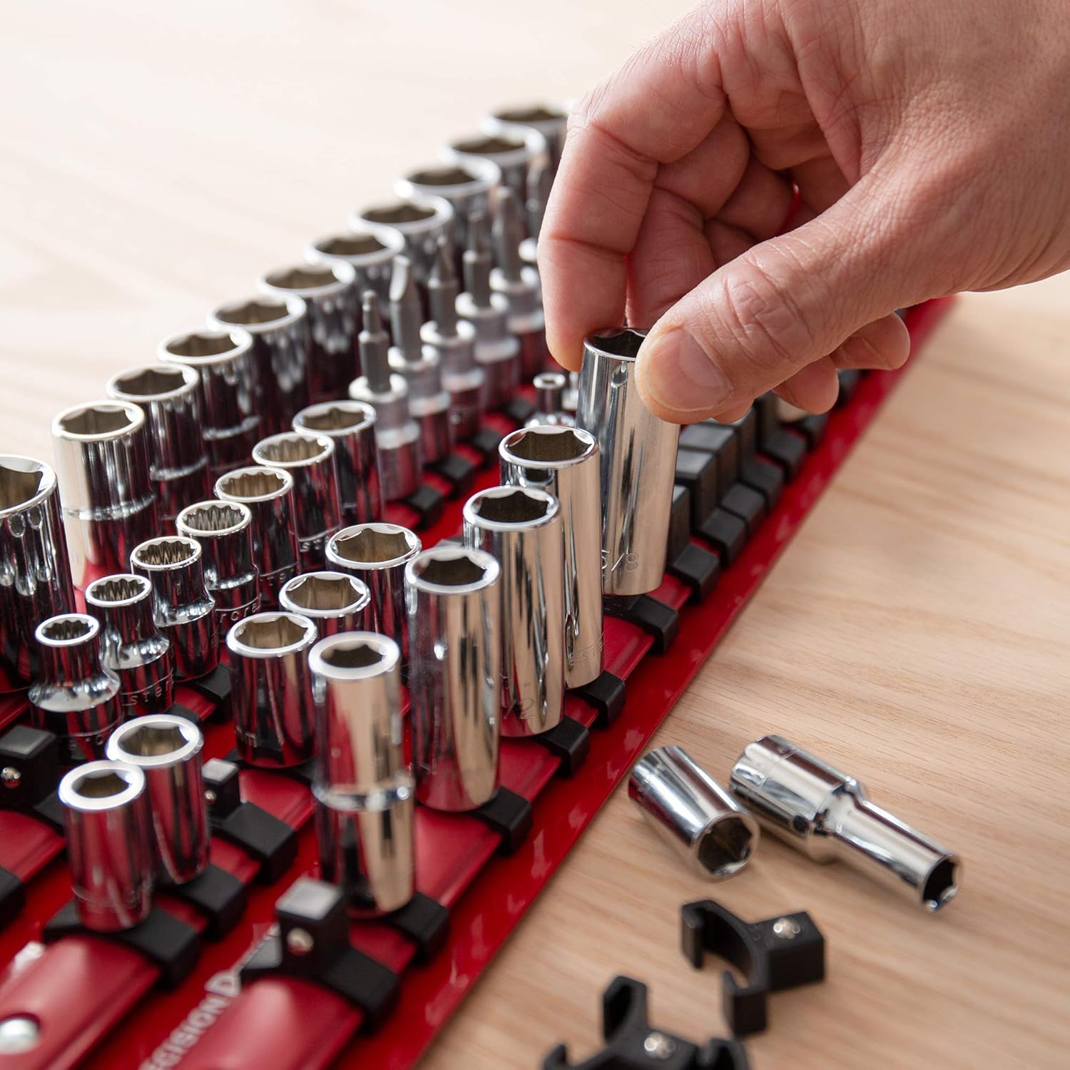 Precision Defined Portable Tool Socket Organizer Tray, 80 Sockets, 1/4-Inch x 20 Clips, 3/8-Inch x 30 Clips, 1/2-Inch x 30 Clips (Red) : Automotive
