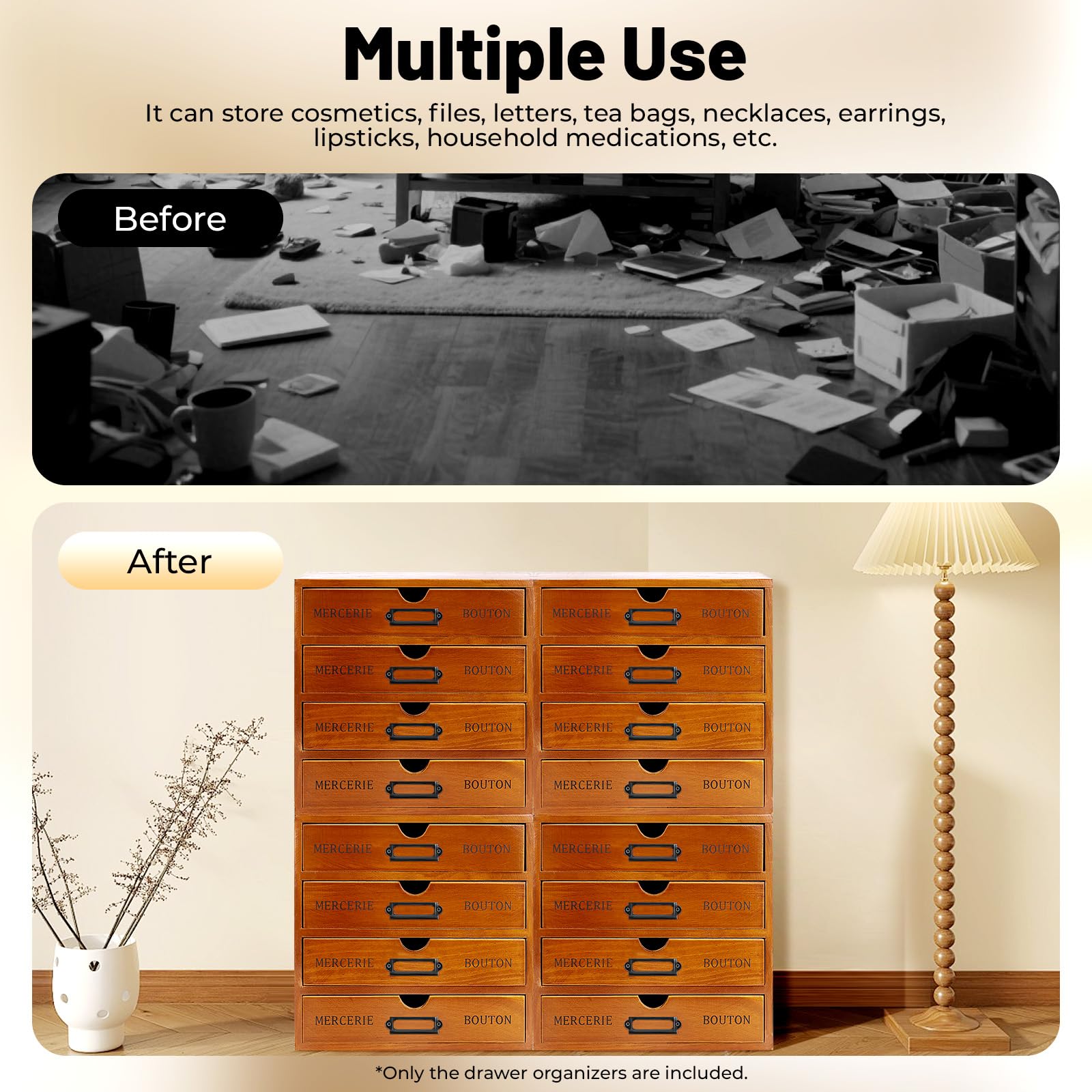 Organizer per cassetti, organizer in legno, set da 4 pezzi, 16 cassetti, contenitore per cassetti, impilabile, salvaspazio, per cosmetici, gioielli, documenti