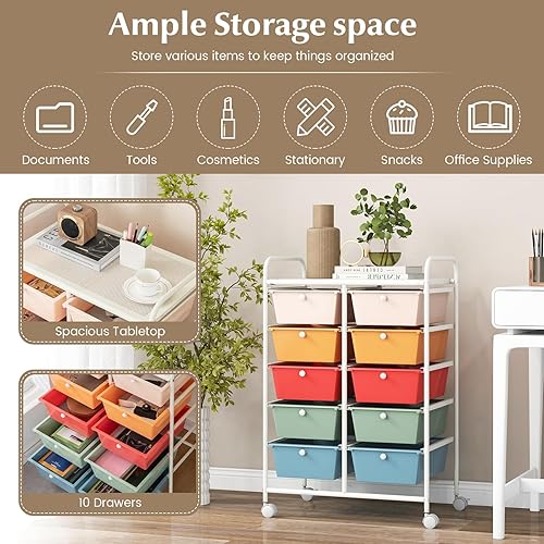 Miniatura 4 de Carrito de almacenamiento con ruedas de 10 cajones, organizador de carrito con ruedas para arte, herramientas, manualidades, papel, álbum de