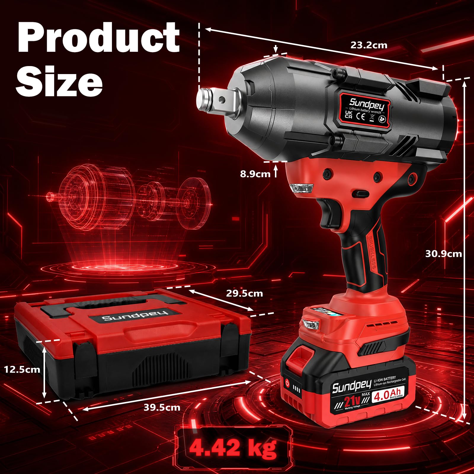 2000Nm Avvitatore a Impulsi a Batteria, 3/4'' Avvitatori a Massa Battente Brushless con 2 Batterie 4.0Ah & Adattatore per Bit da 3/4'' a 1/2'' & 5 Bussole, 21V Avvitatore ad Impulsi per Auto, Rosso