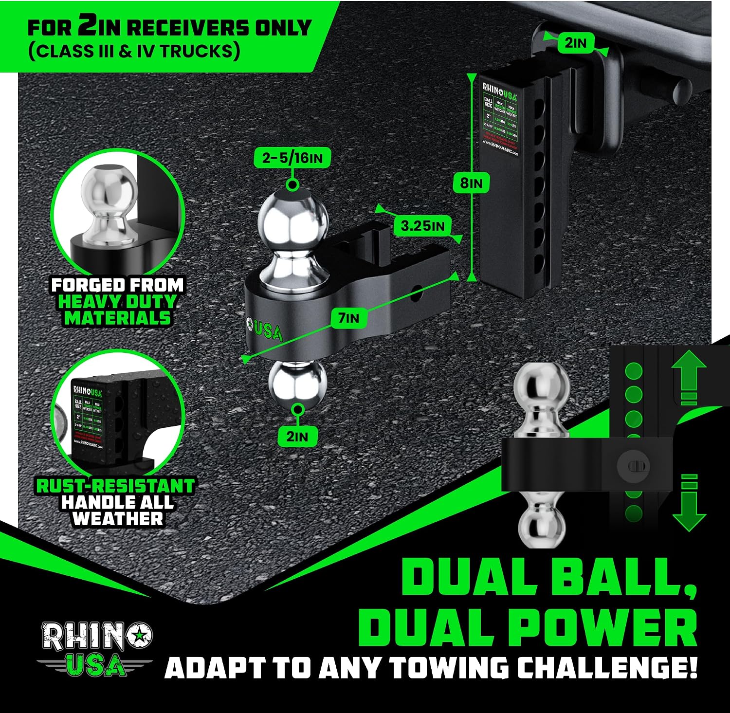 Rhino USA Adjustable Trailer Hitch (2in Receiver) - 6in Drop/Rise image 4