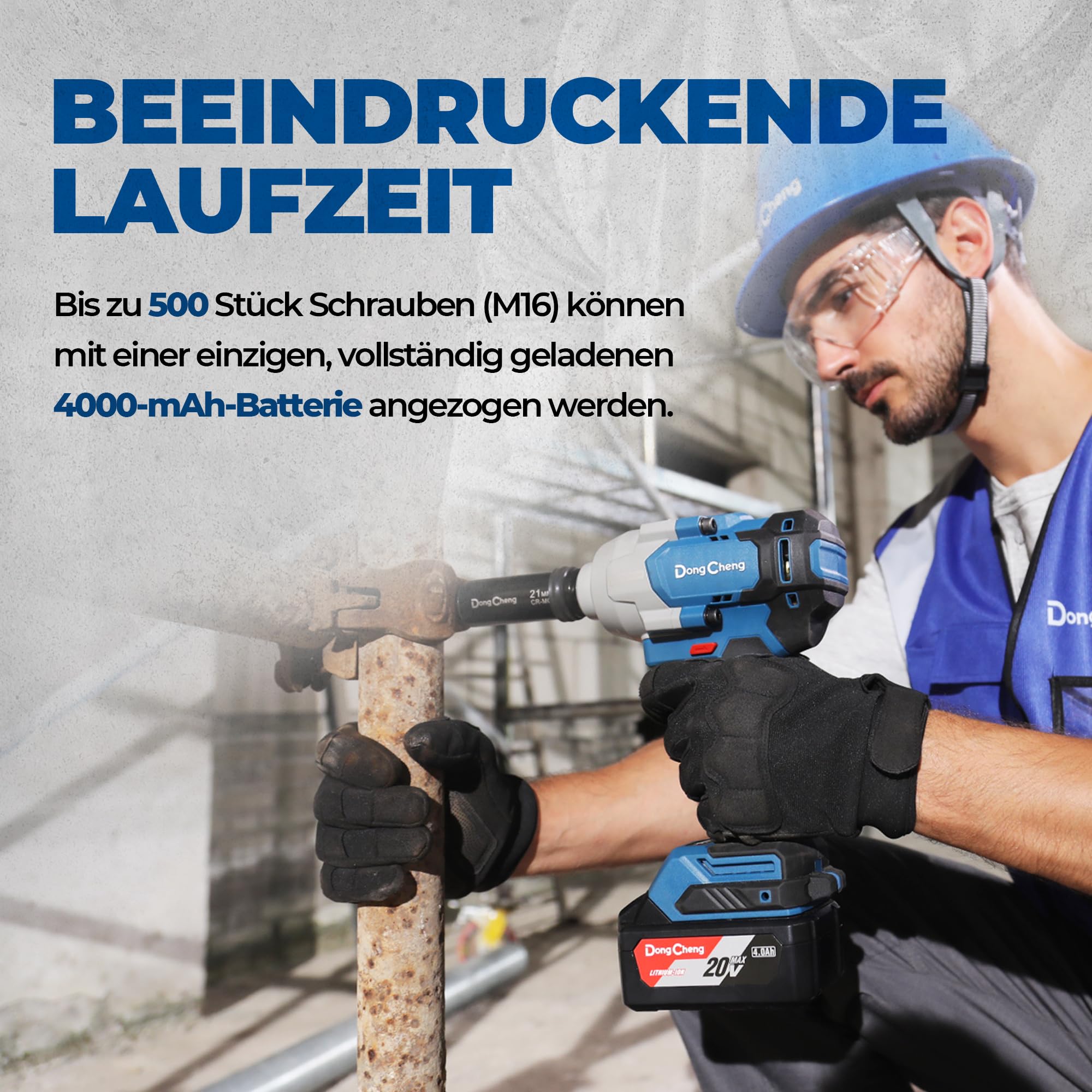 Dong Cheng 20V bürstenloser Schlagschrauber, 908Nm hohes Drehmoment, 2200U/min, 1/2 Zoll akku-Schlagschrauber mit Aufbewahrungsbox, 4-Modus, inklusive 2x4,0 Ah Akkus & Ladegerät