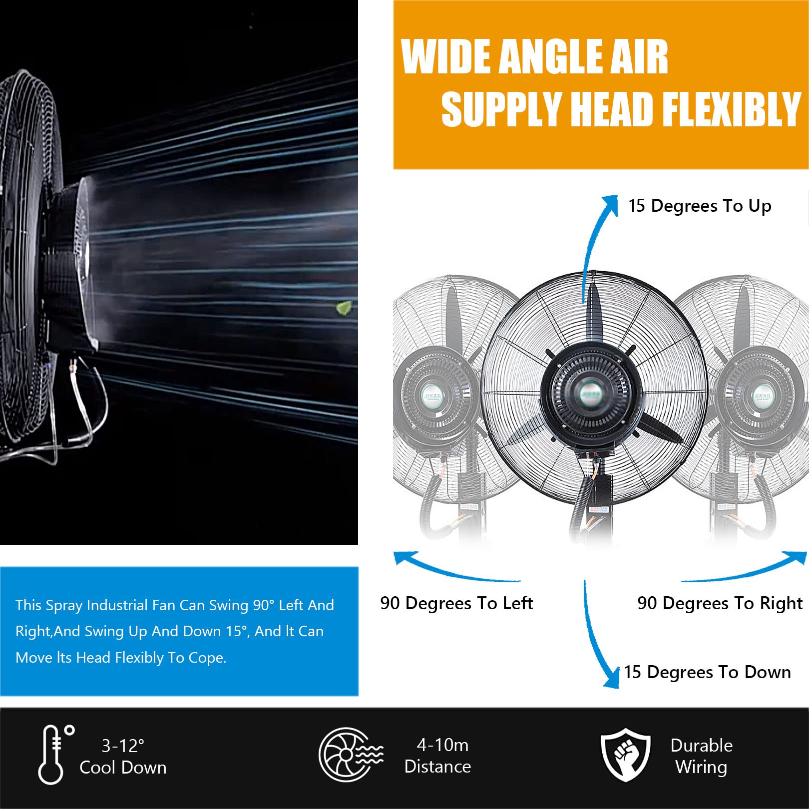 sdneNest Ventilatori industriali per esterni per raffreddamento, ventilatori nebulizzanti per esterni, serbatoio da 11 galloni, oscillante a 90°, 3 velocità di raffreddamento, regolabile in altezza
