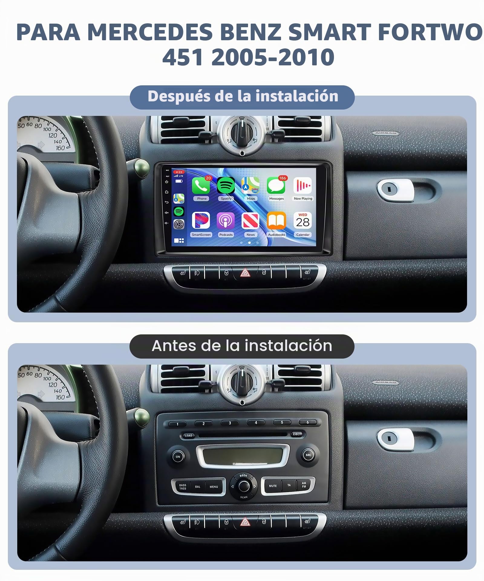 Rimoody Radio Coche para Mercedes Benz Smart Fortwo 451 2005-2010 Carplay Inalámbrico, 9 Pulgadas Touchscreen, Android Auto, Mirror Link, Bluetooth, FM/RDS, DSP, Controles al Volante Cámara Trasera