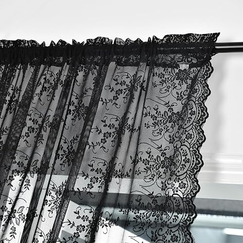 Kotile Cortinas traslúcidas negras de 72 pulgadas de largo, cortinas de encaje negro con patrón floral vintage para dormitorio, juego de 2 paneles