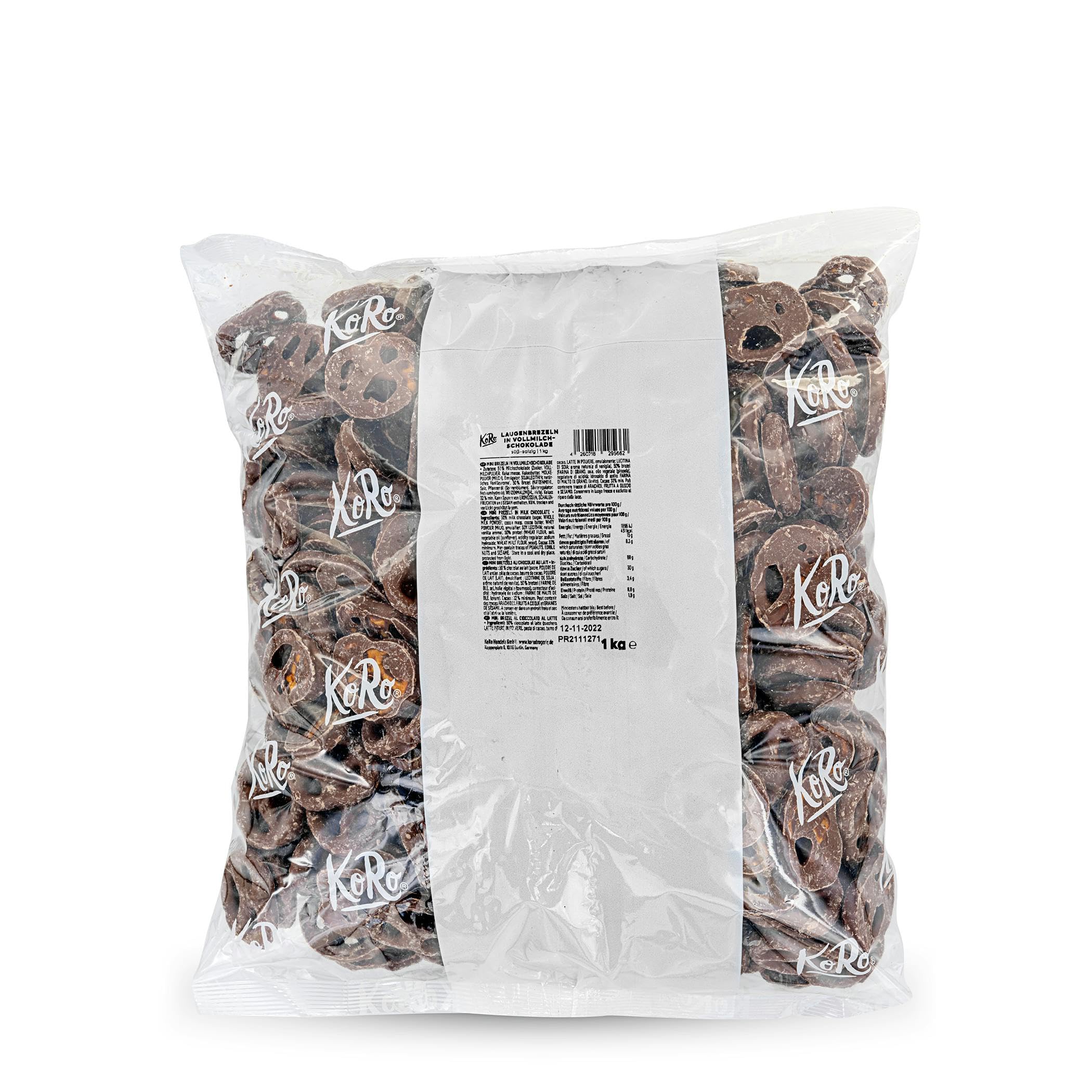 KoRo - Bretzels au chocolat au lait 1 kg - Le sucré rencontre le salé - Biscuits salés croquants, enrobés de chocolat onctueux - Le snack pour les fêtes et les soirées cinéma